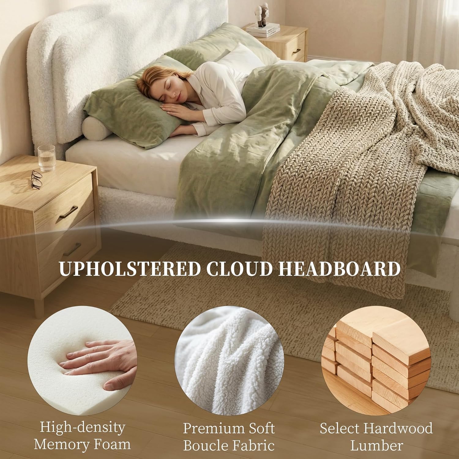 King Size Cloud Bed with Curved Adjustable Headboard, Upholstered Platform Boucle Bed with Sturdy Wooden Slat Support, No Box Spring Needed, Easy Assembly, Cream White