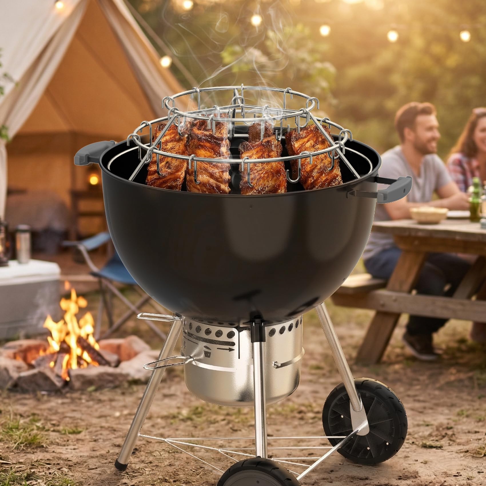 onlyfire Anello a 3 Livelli per Arrosto con 24 Ganci per Affumicare, Ideale per Affumicare Speck, Gros o Ali di Pollo, Compatibile con Il Fornello Weber WSM Cooker & Weber Kettle Grill da 57 cm