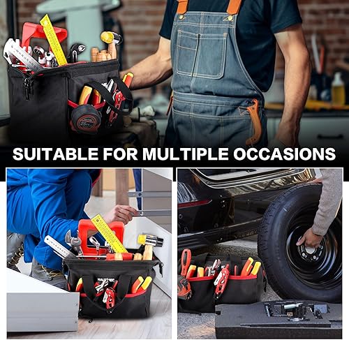 Miniatura 6 de HAUTMEC Bolsa de herramientas de boca ancha de 12 pulgadas, organizador de herramientas resistente al agua 1680D con base resistente a la abrasión y