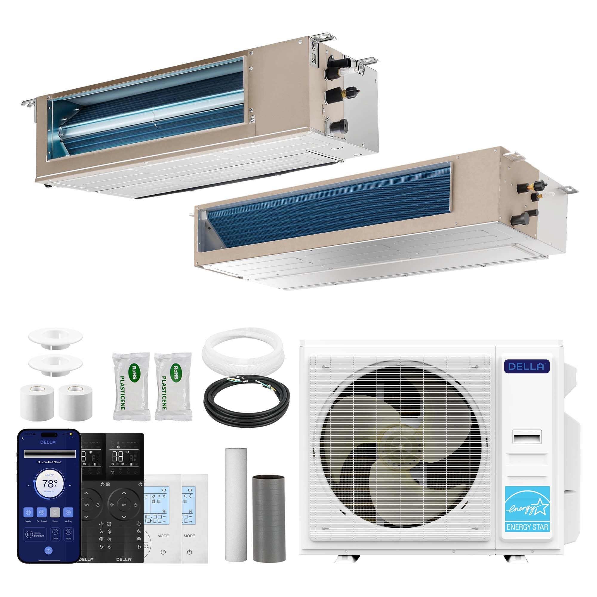 DELLA 36K BTU 2 Zone (9K+24K BTU) Concealed Ducted Mini Split AC, 20 SEER2