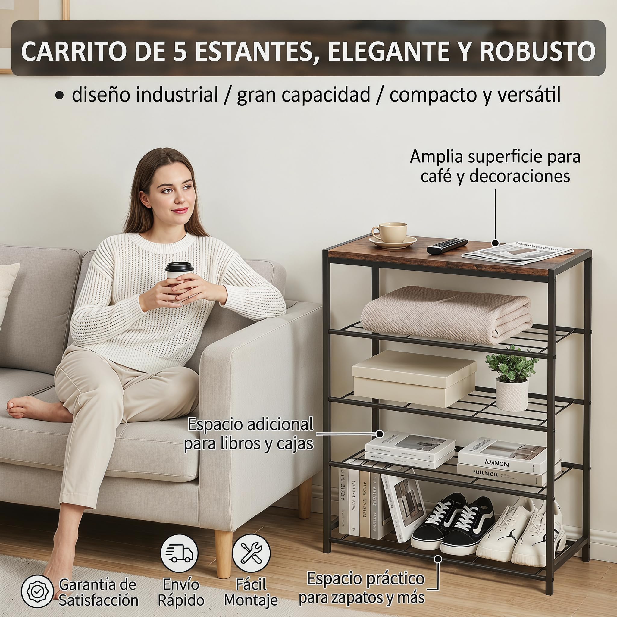 Zapatero Recibidor de 5 Niveles con Estante Superior - Mueble Zapatero Estrecho y Alto, Estantería de Metal Vertical Ahorro de Espacio para Entrada, Estilo Industrial, 63 x 30 x 83 cm
