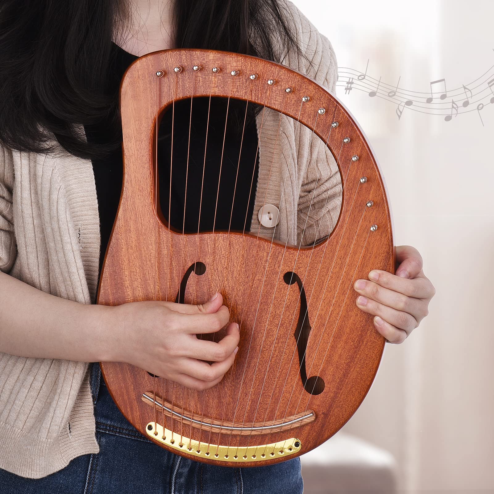 Arpa de lira, WH-16 Arpa de lira de madera de 16 cuerdas, cuerdas de metal, instrumento de cuerda de madera maciza con bolsa de transporte, llave de afinación, limpieza de cuerdas de repuesto, libro