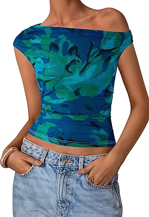 PRETTYGARDEN Women's Off Shoulder Tops 2025 Summer Floral Mesh Going Out Crop Tank Tops Asymmetrical Tight Y2K Shirts Clothes