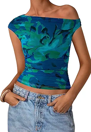 PRETTYGARDEN Women's Off Shoulder Tops 2025 Summer Floral Mesh Going Out Crop Tank Tops Asymmetrical Tight Y2K Shirts Clothes