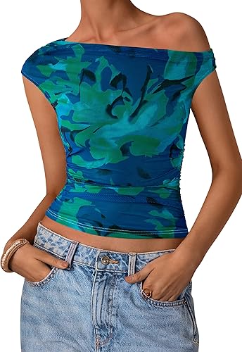 PRETTYGARDEN Women's Off Shoulder Tops 2025 Summer Floral Mesh Going Out Crop Tank Tops Asymmetrical Tight Y2K Shirts Clothes