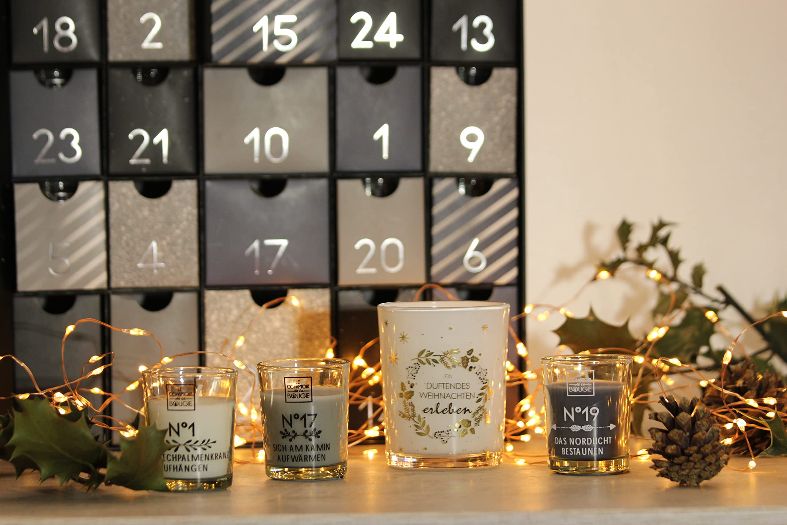 Origineller Adventskalender mit 25 Duftkerzen im Glas mit Spruch - Adventskalender kerzen - Deutsche Fassung