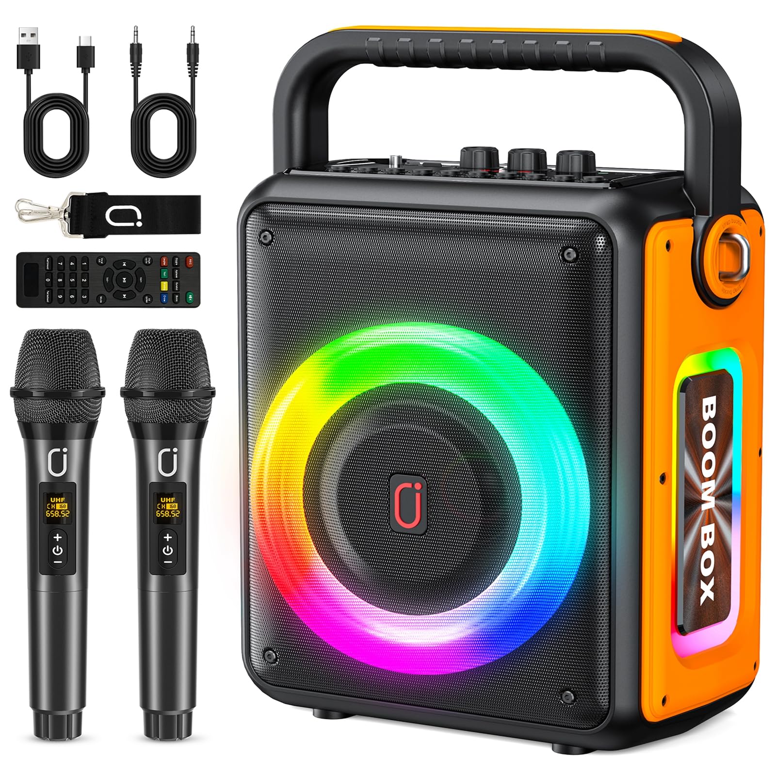 HWWR Machine de karaoké avec 2 Microphones, Haut-Parleur Portable Bluetooth, système de sonorisation pour Adultes et Enfants avec lumières LED, Machine de karaoké upporta TWS/Rec/AUX/USB/TF pour Les