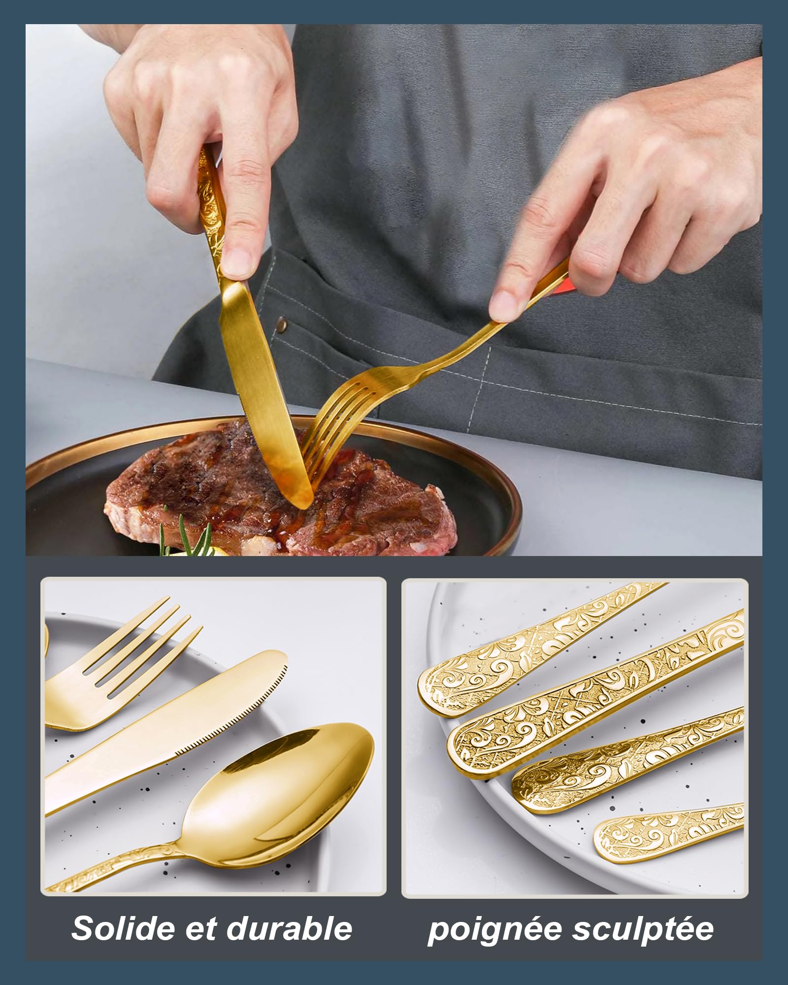 Ensemble de couverts vintage en or sculpté 24 pièces pour 6 personnes, vaisselle en acier inoxydable avec couteau/fourchette/cuillère, ensemble de couverts pour la maison et la cuisine