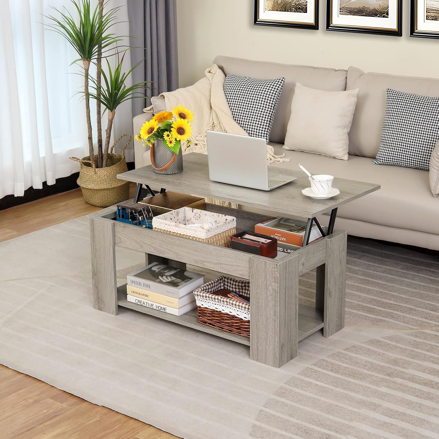 WEENFON 38" Lift Top Coffee Table with Hidden Compartment & Open Storage Shelf, Pop Up Coffee Table for Living Room, Office, Grey