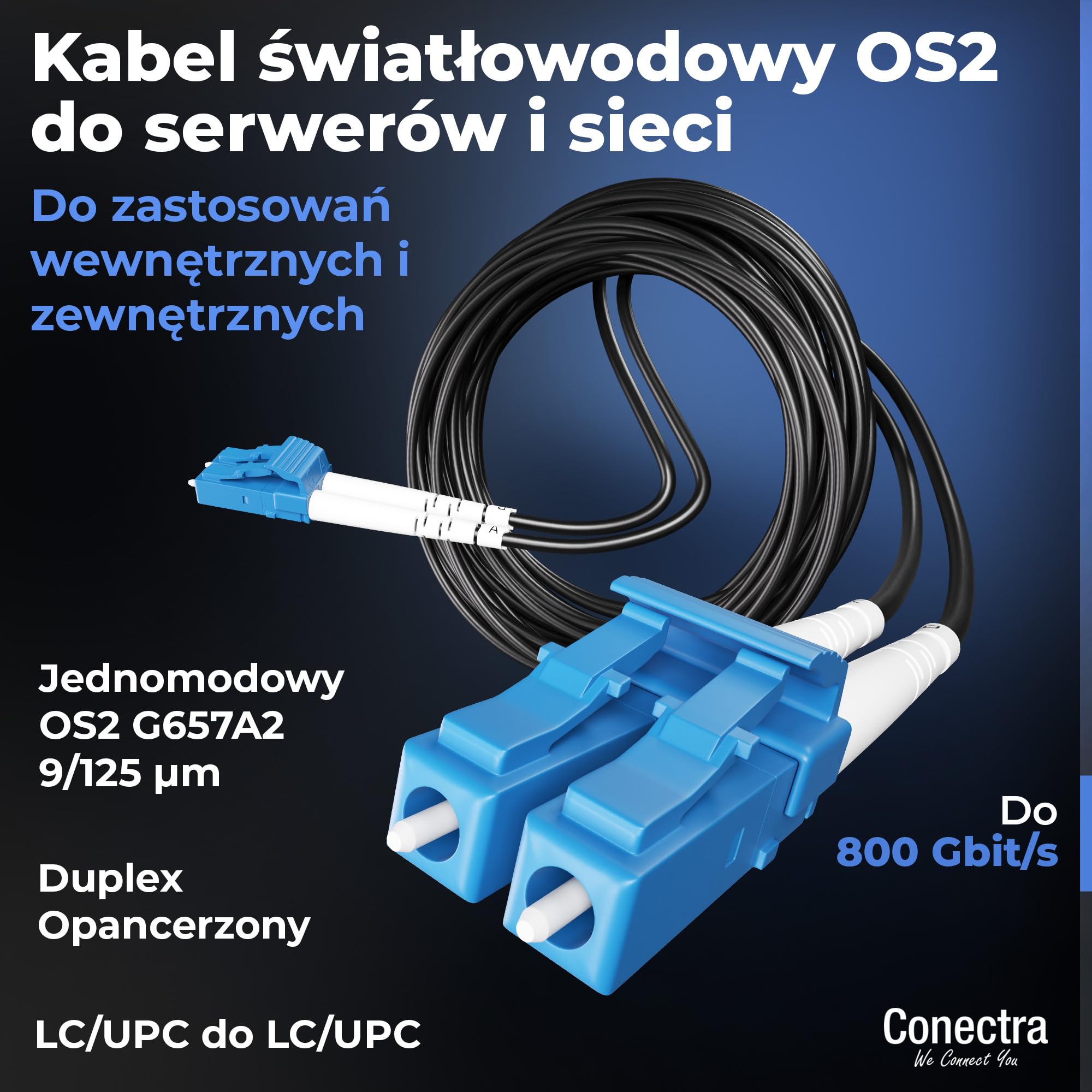 50m Pancerny Kabel Światłowodowy OS2 Duplex Breakout LC/UPC, Patchcord Jednomodowy G657A2 9/125, LSZH Wewnętrzny/Zewnętrzny, Przedłużacz Światłowodowy Wzmocniony Patch Sieć ⌀3mm Czarny