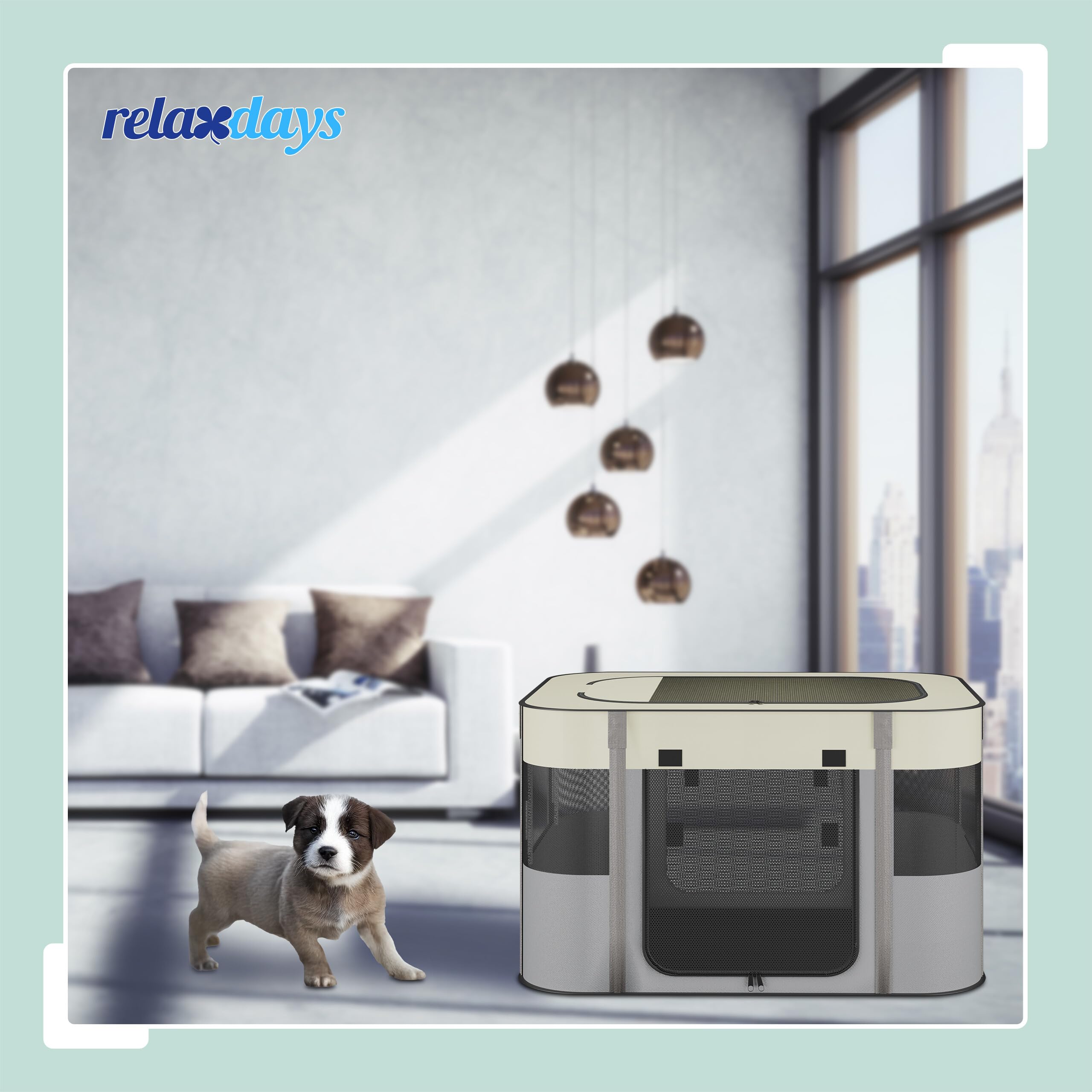 Relaxdays Welpenauslauf faltbar, HBT: 55x82x60 cm, Indoor & Outdoor, tragbarer Hundelaufstall, Oxford-Stoff, Mehrfarbig