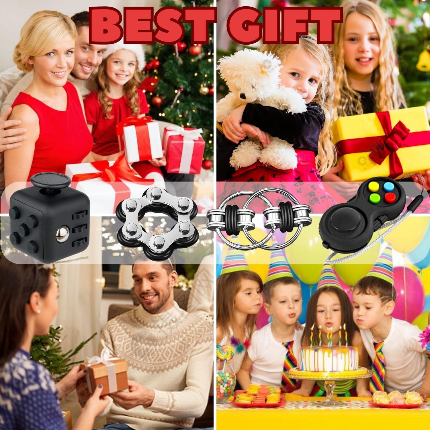 Yeefunjoy Fidget Toys zestaw 4 zabawek antystresowych, kontrolery Fidget Pad, sześć rolek i breloczków, antystresowe, dla dorosłych i dzieci (czarny)