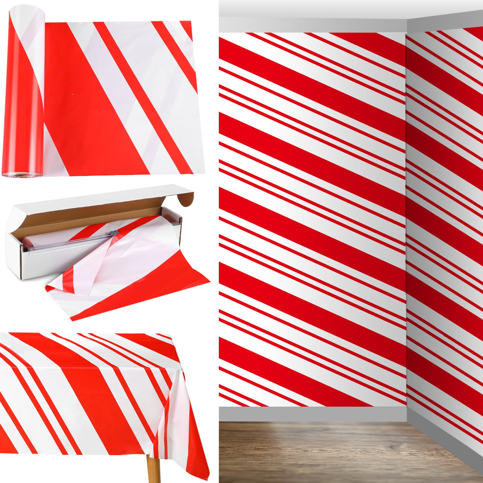 Oudain 54 Inch x 100 ft Red and White Striped Tablecloth Roll Cutter Box