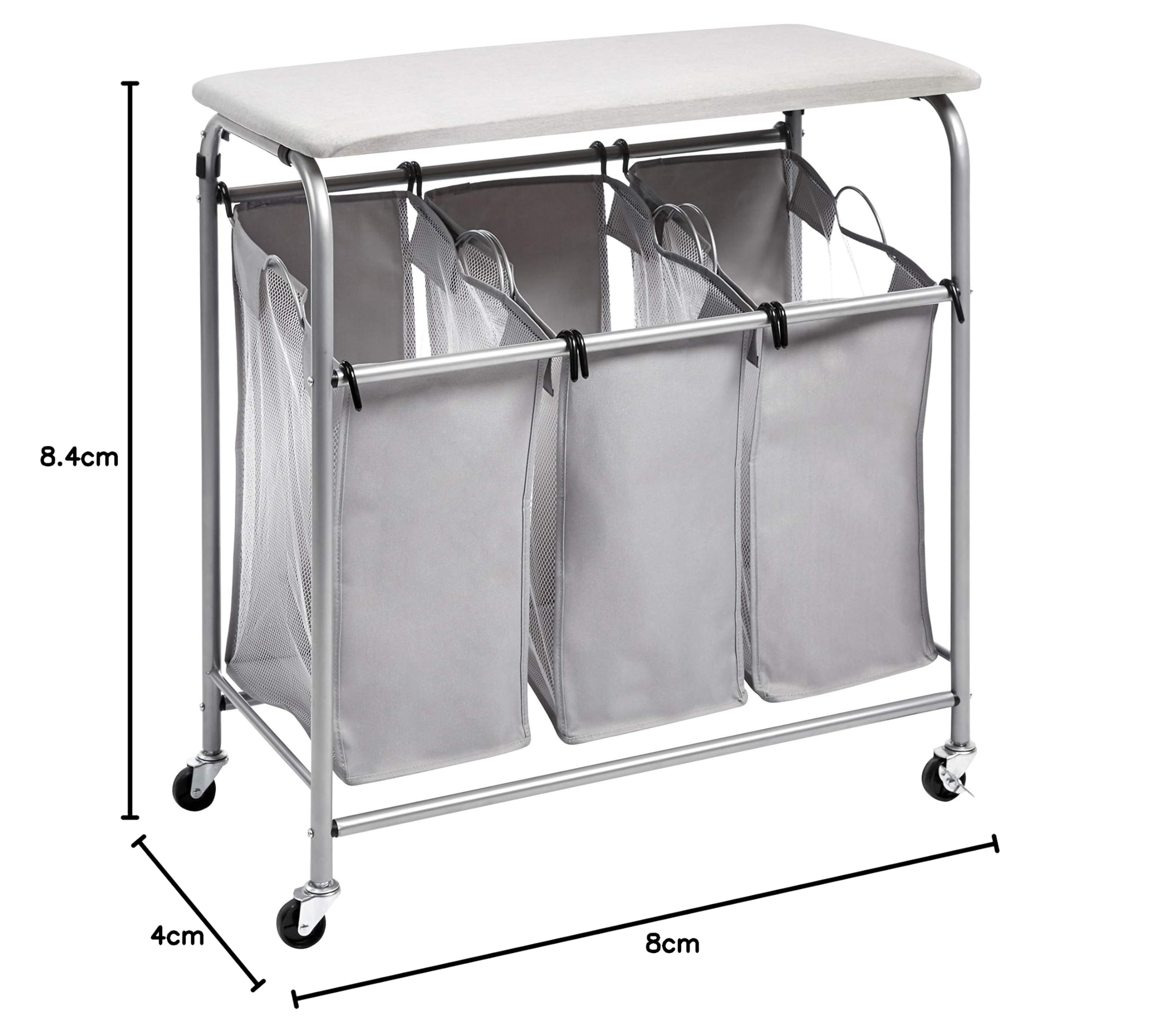 Amazon Basics Rectangular Clasificador de ropa para la colada con 3 cestas y tabla de planchar de sobremesa, gris, 80 X 41 X 84 cm