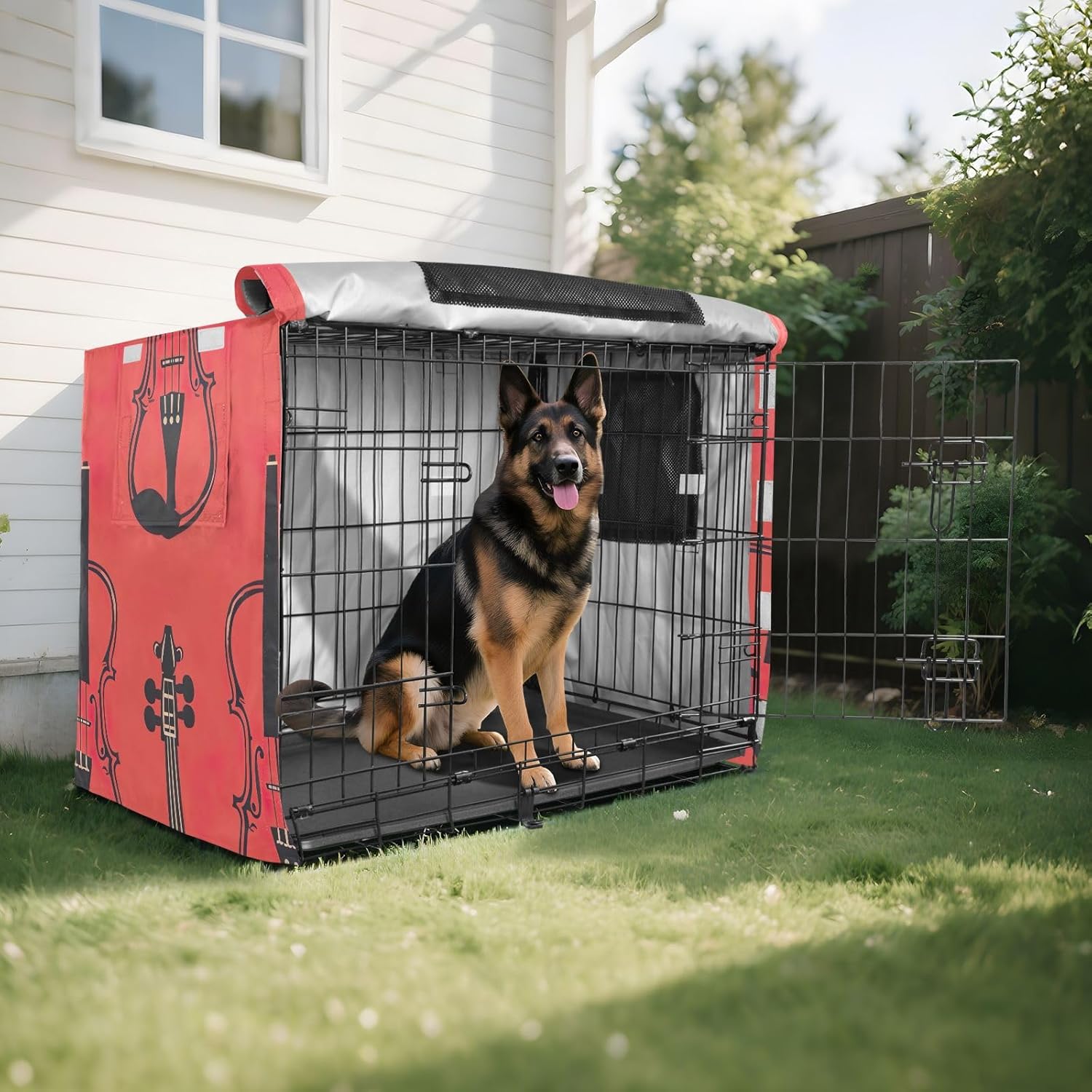 Violin Orange Dog Crate Cover Roll-up Side Panels, Pet Kennel Cover with Mesh Windows, X-Large