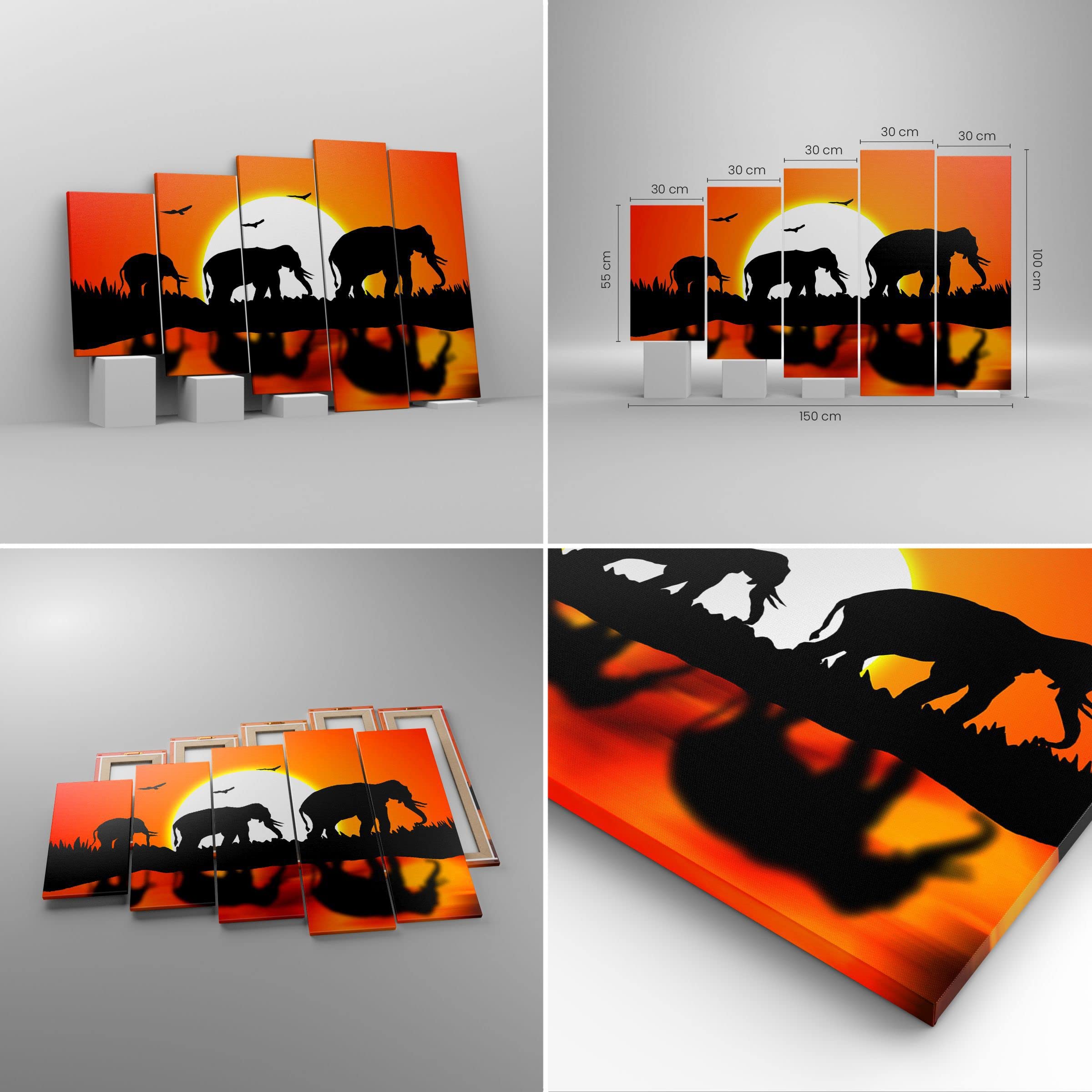 Animal Elefante Colorido Cuadro Sobre Lienzo 5 Piezas Arte Sin Marco 150 X 100 Cm Cuadros Modernos Impresión De Imagen Artística- Cuadros Decoracion Salon Grandes Cuadros Para Dormitorios Modernos