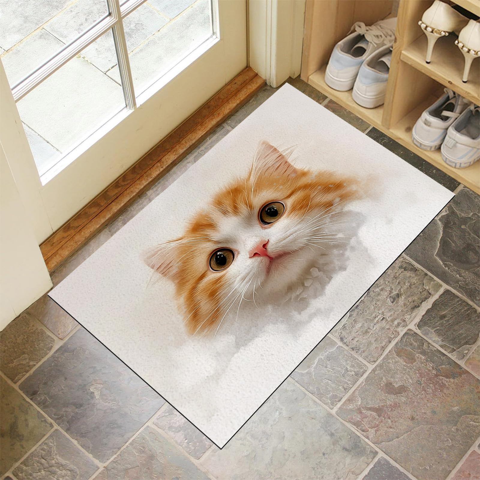 Tapis entrée antidérapant fini les sols mouillés avec ce paillasson chat orange lavable