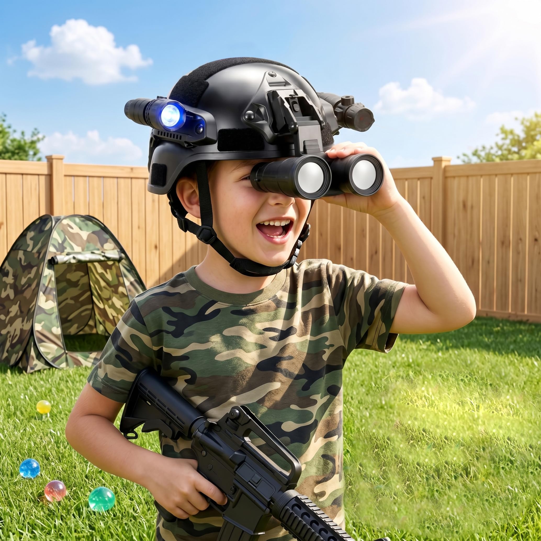 Casco balistico, Casco Leggero per Bambini con telescopio e Torcia Set Completo Airsoft e Costume Militare Cosplay con Guide modulari, Nero
