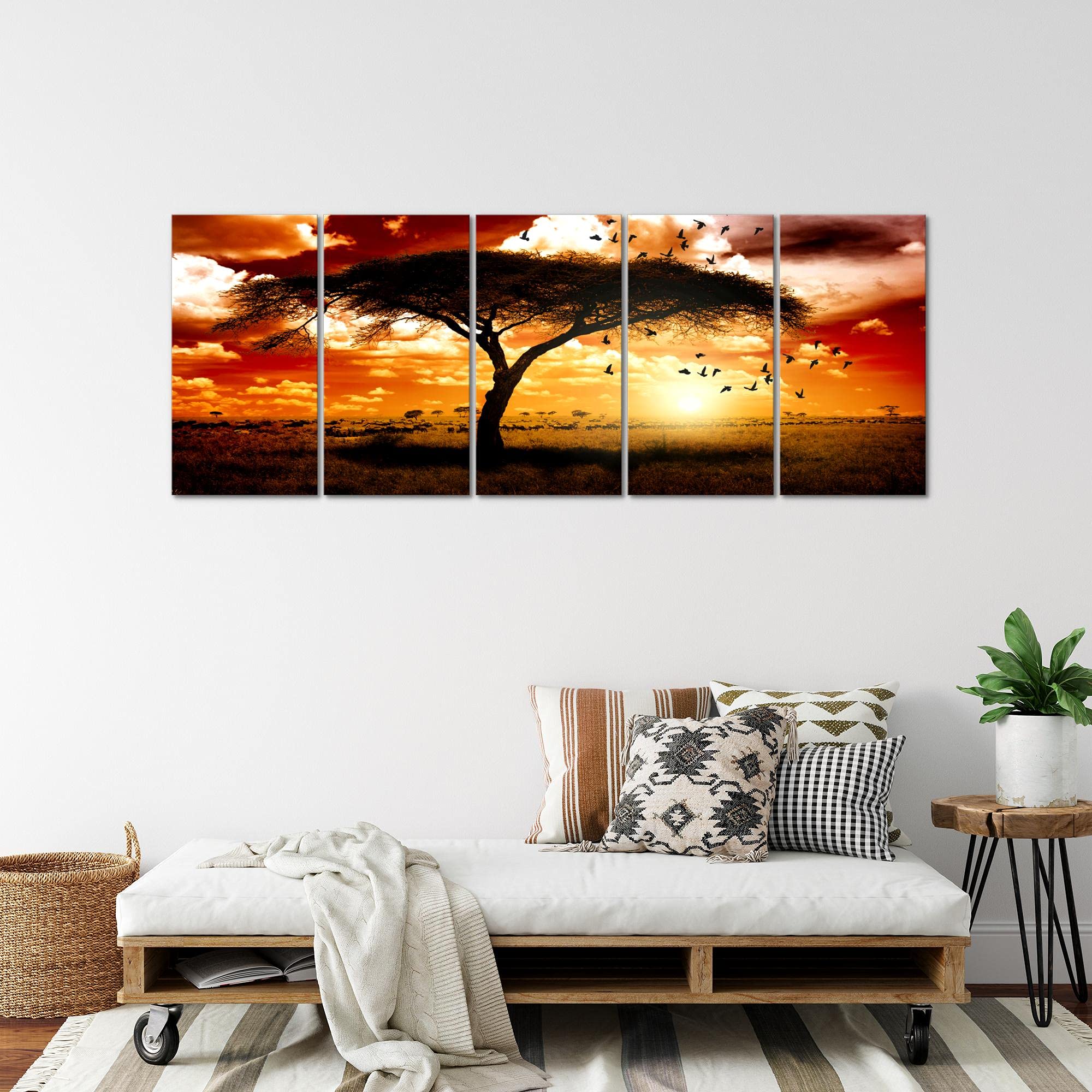 Runa Art Wandbild XXL Afrika Sonnenuntergang Wohnzimmer Schlafzimmer 200 x 80 cm Orange 5 Teilig - Made in Germany - 001555c