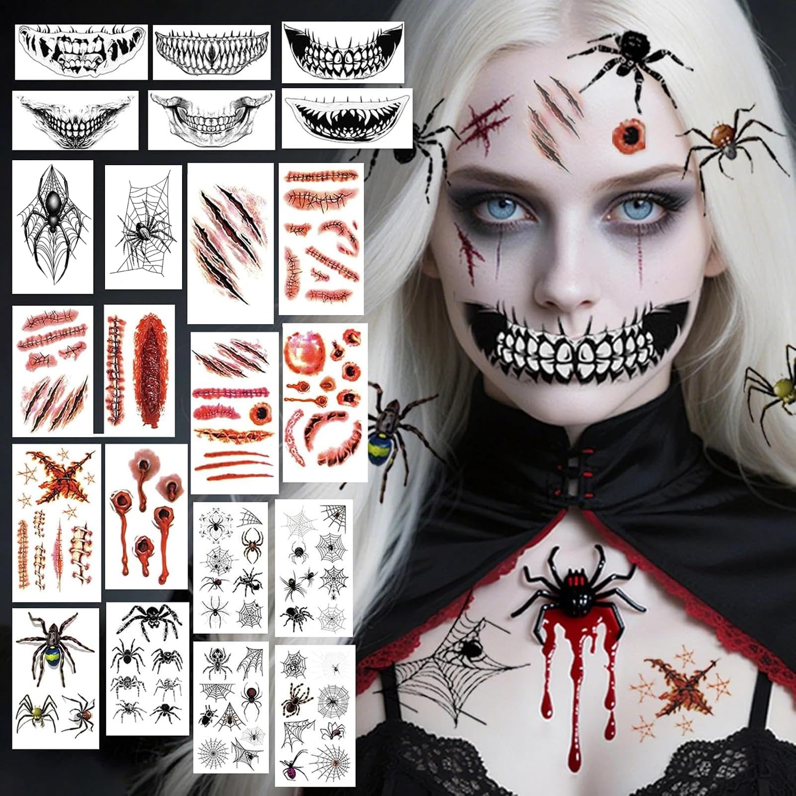 22er Set Halloween-Temporär-Tattoos – Narben, Spinnen & Vampir-Motive