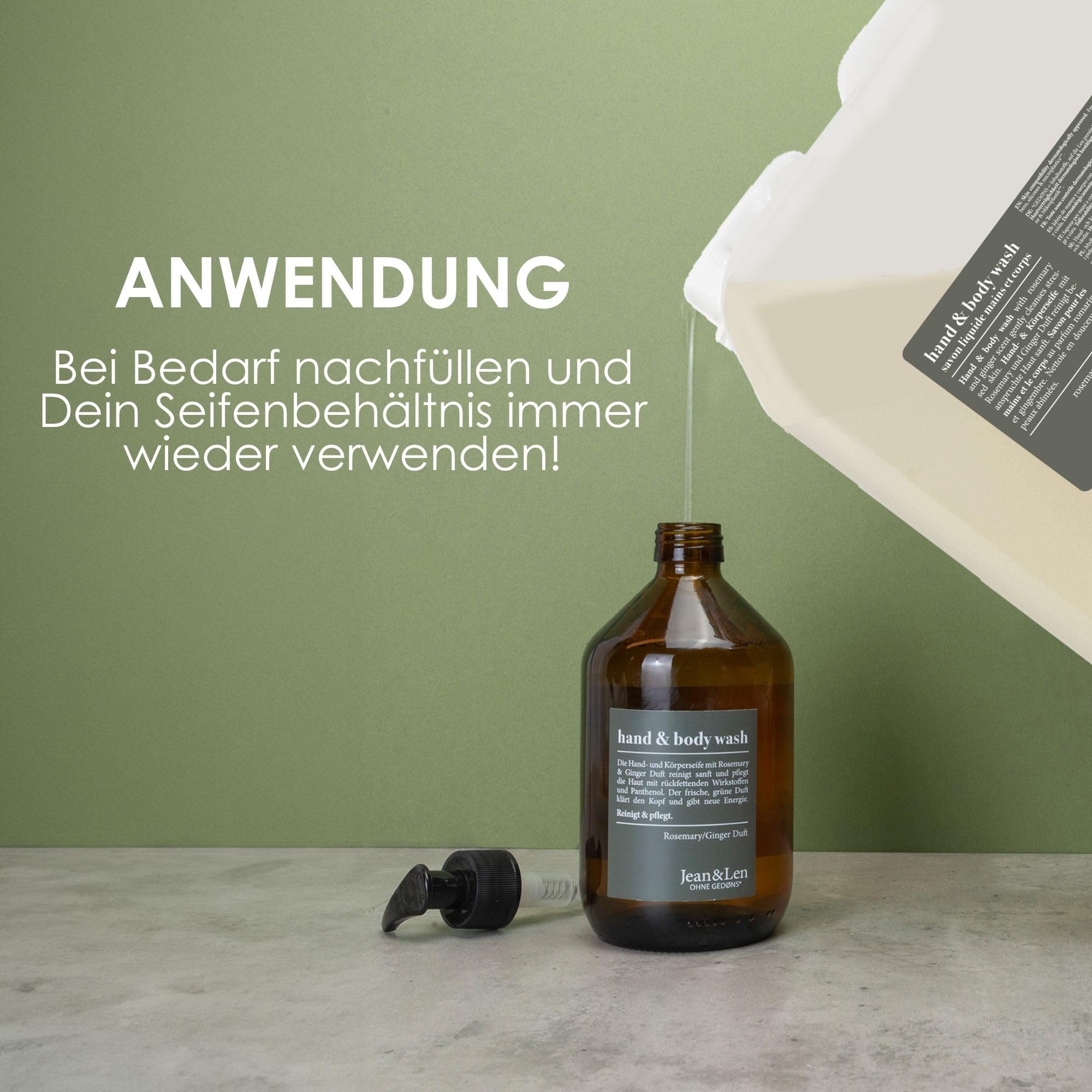 Jean & Len Hand & Body Wash Rosemary und Ginger im Kanister, reinigt und pflegt die Haut, würzig-frischer Duft, Flüssigseife im Nachfüllkanister, ohne Silikone, Parabene & Mikroplastik, 5L