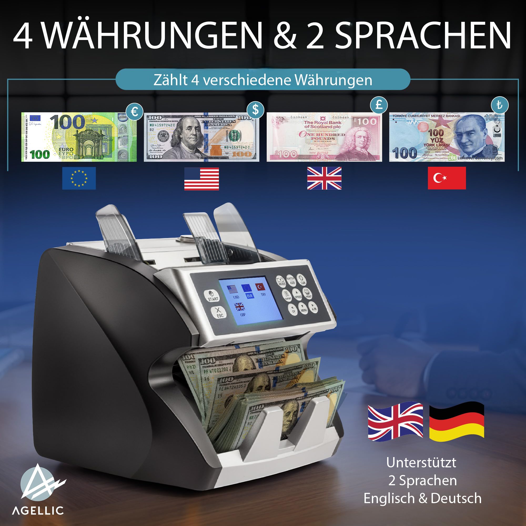 Macchina Conta Banconote Professionale - Conta banconote euro e multivaluta EUR/USD/GBP/TRY - Verifica banconote false a 7 livelli - Conta banconote miste con valore totale – Menu EN/DE
