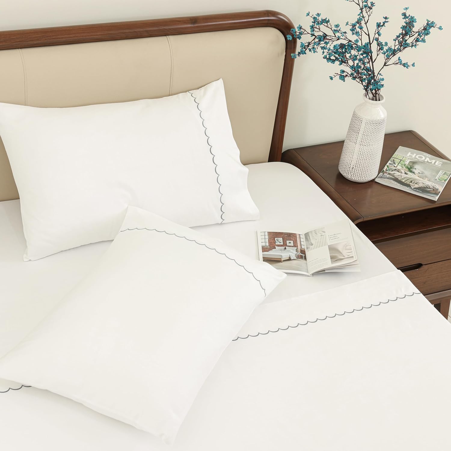 Dreamology Cotton Sheets, 100% Cotton Sateen Weave Embroidered Queen Sheets Set,Cotton Sheet Sets,Soft & Wrinkle-Resistant,16" Deep Pocket,4-Piece Includes 1 Fitted Sheet,1 Flat Sheet & 2 Pillowcases