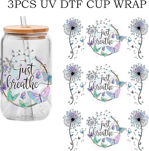 Miniatura 3 de Just Breathe - Envolturas de transferencia DTF UV de diente de león para vidrio de 16 onzas, diseño de sublimación floral UVDTF, calcomanía de