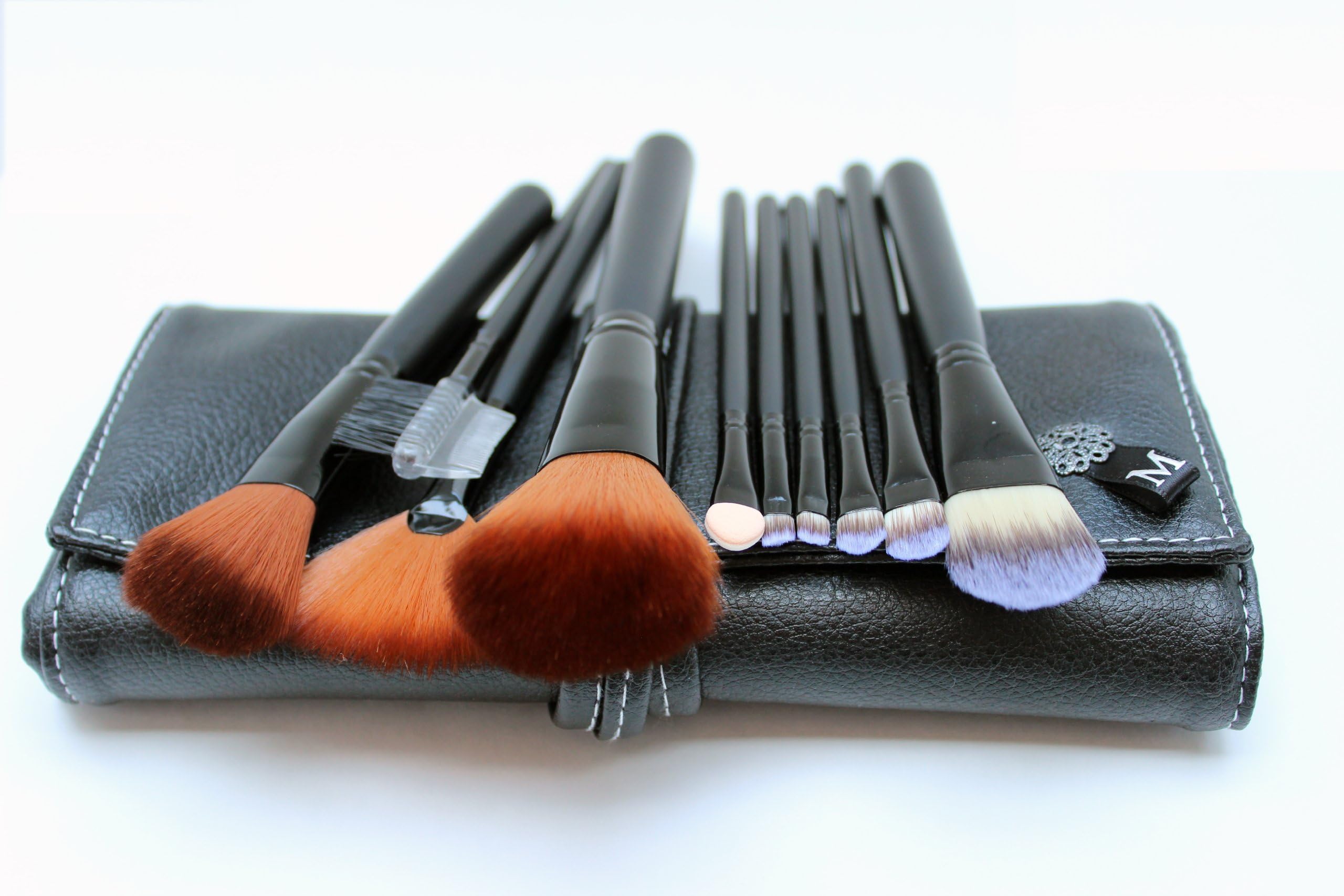 Complete 10 Piece Home Use or Travel Make-up Brush Set. Cosmetic Brushes Made with 100% Synthetic Hair. Full Pro Travel Makeup Brush Kit with Top Quality Faux Leather Brush Holder Case