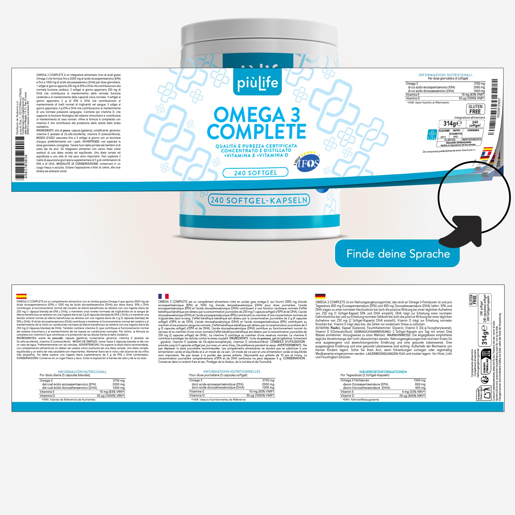Omega 3 IFOS 5 Sterne Zertifiziert PiùLife mit Vitamin D3 & E – 480 Softgel | Fischöl EPA DHA 800 mg & 400 mg pro Tagesdosis, Omega 3 Kapseln hochdosiert für Herz, Gehirn, Augen, Knochen