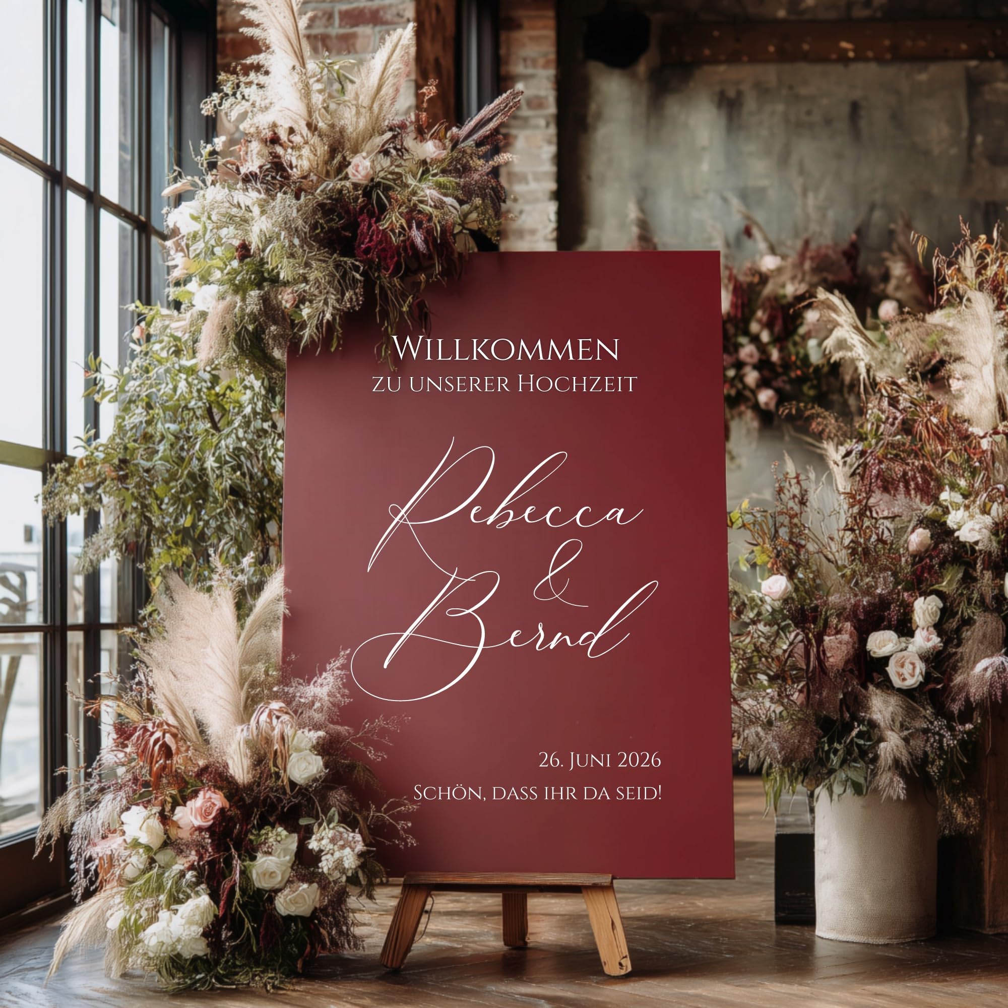 Willkommensschild Hochzeit personalisiert Acrylglas Burgunderrot Hochglanz – elegante Deko für Empfang, Party & Events – Made in Germany