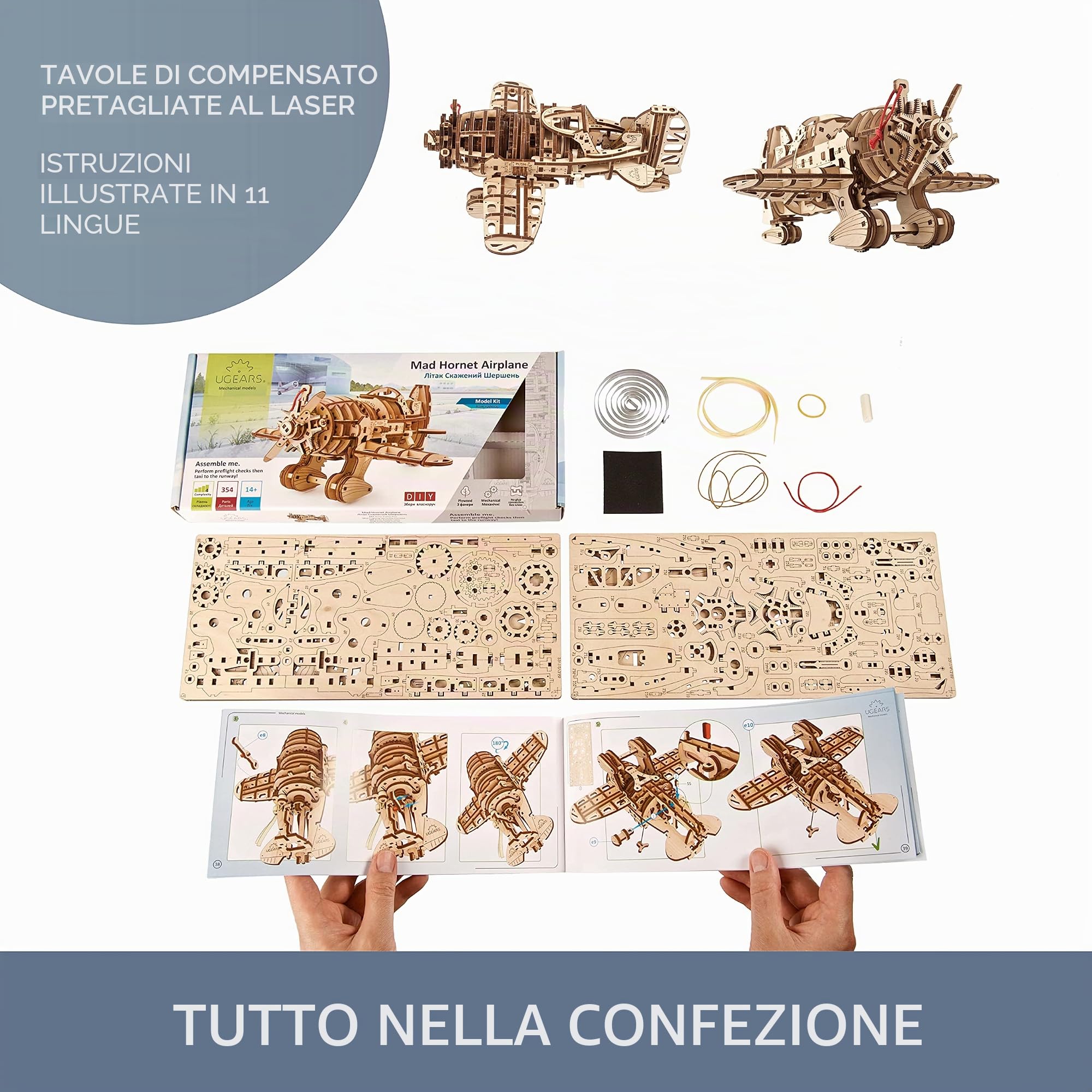 UGEARS Modellino Aereo in Legno d’Epoca - Aeroplano Mad Hornet Modellino Aereo del 1930 da Assemblare - Puzzle 3D Fai da te in Legno - Modellino da Costruire per Adulti e Bambini - Puzzle in Legno