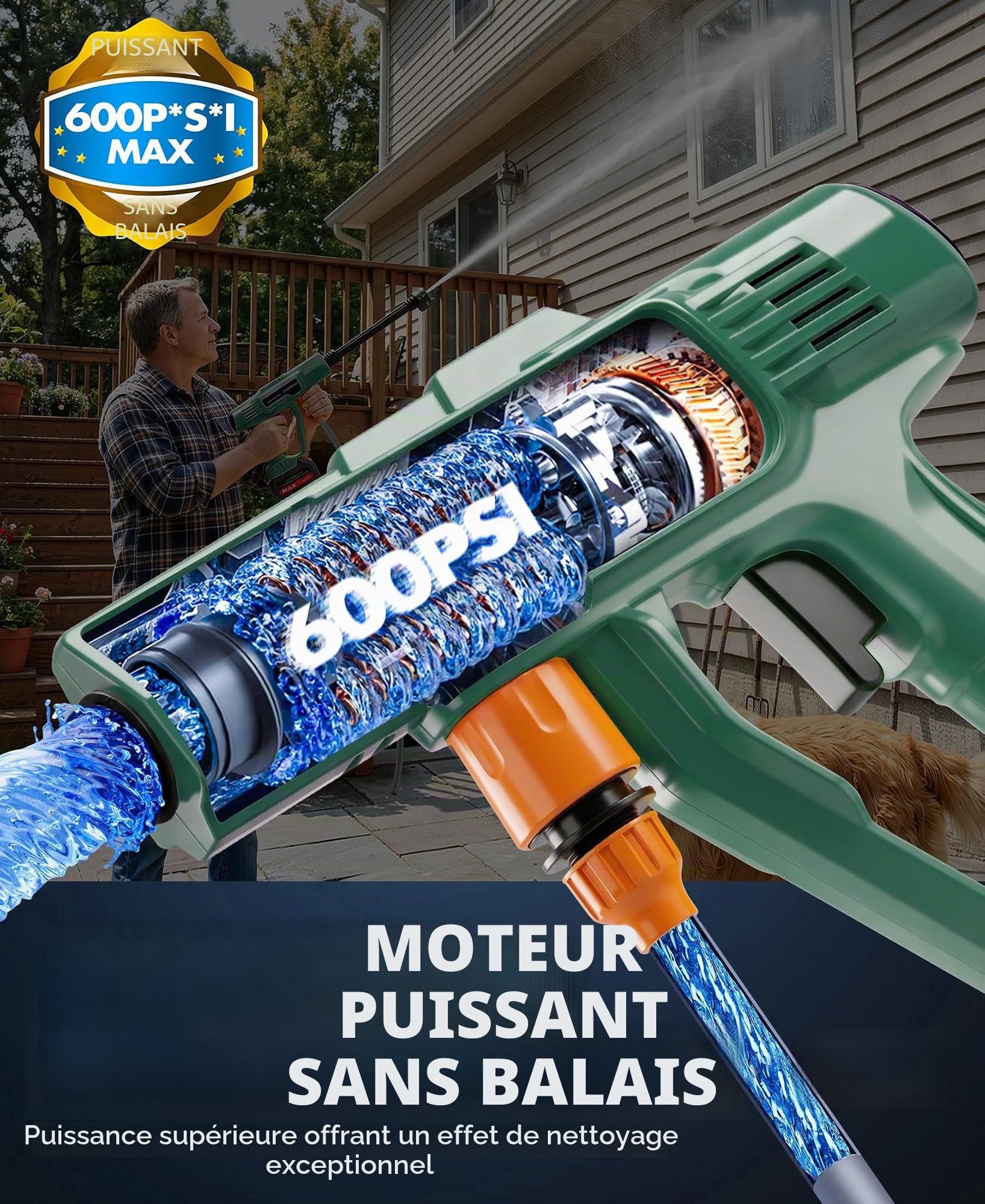 DeeprBetter Nettoyeur Haute Pression sans Fil, 600PSI Nettoyeur Haute Pression sur Batterie Rechargeable avec Buse Réglable 6-en-1, Pistolet Hautes Pressions sans Fil à 3 Vitesses réglables - Vert