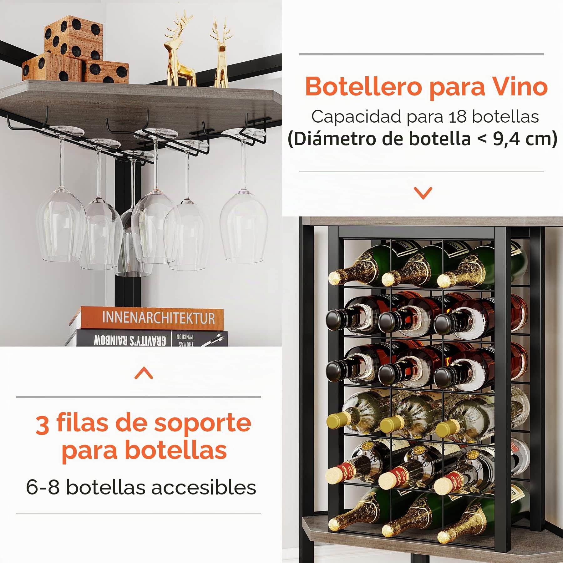 Tribesigns Botellero Vino con Soporte para 18 Botellas, Organizador de Almacenamiento de Vino con Soporte de Copas de Vino, Soporte para Botellero de Esquina 40 x 40 x 160cm para Salón, Cocina (Gris)