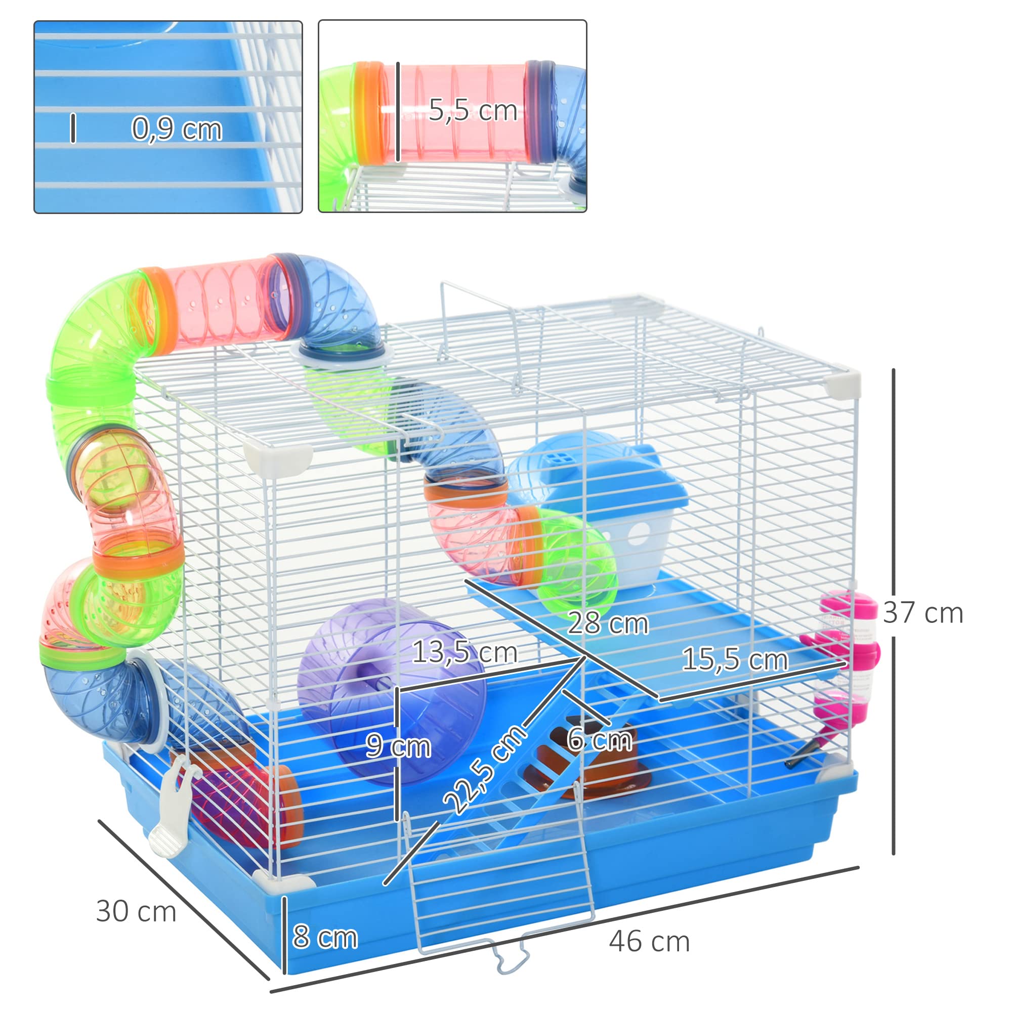 PawHut Cage pour Rongeur Hamster 2 Niveaux avec Tunnel, Bouteille d'eau, Roues, Maison, échelle dim. 46L x 30l x 37H cm