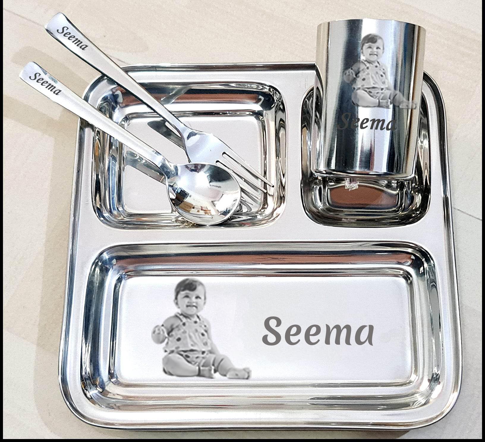 Deep Print Mart Customized Stainless Steel Plate Set | Personalized Thali with Name & Photo Engraving | Ideal Birthday Gift for Boys & Girls | Custom Plate Set for Kids-image-43
