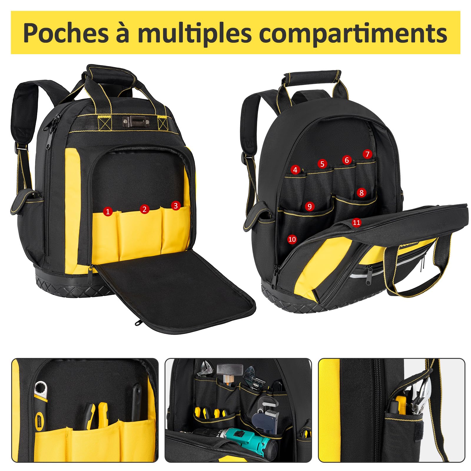 OUUTMEE Sac à Dos à Outils avec Base en Caoutchouc ABS, Sac à Outils Robuste avec Poches Multiples, Sacs Porte-Outils avec Bandoulière et Sangle de Taille pour Électriciens et Construction (Jaune)
