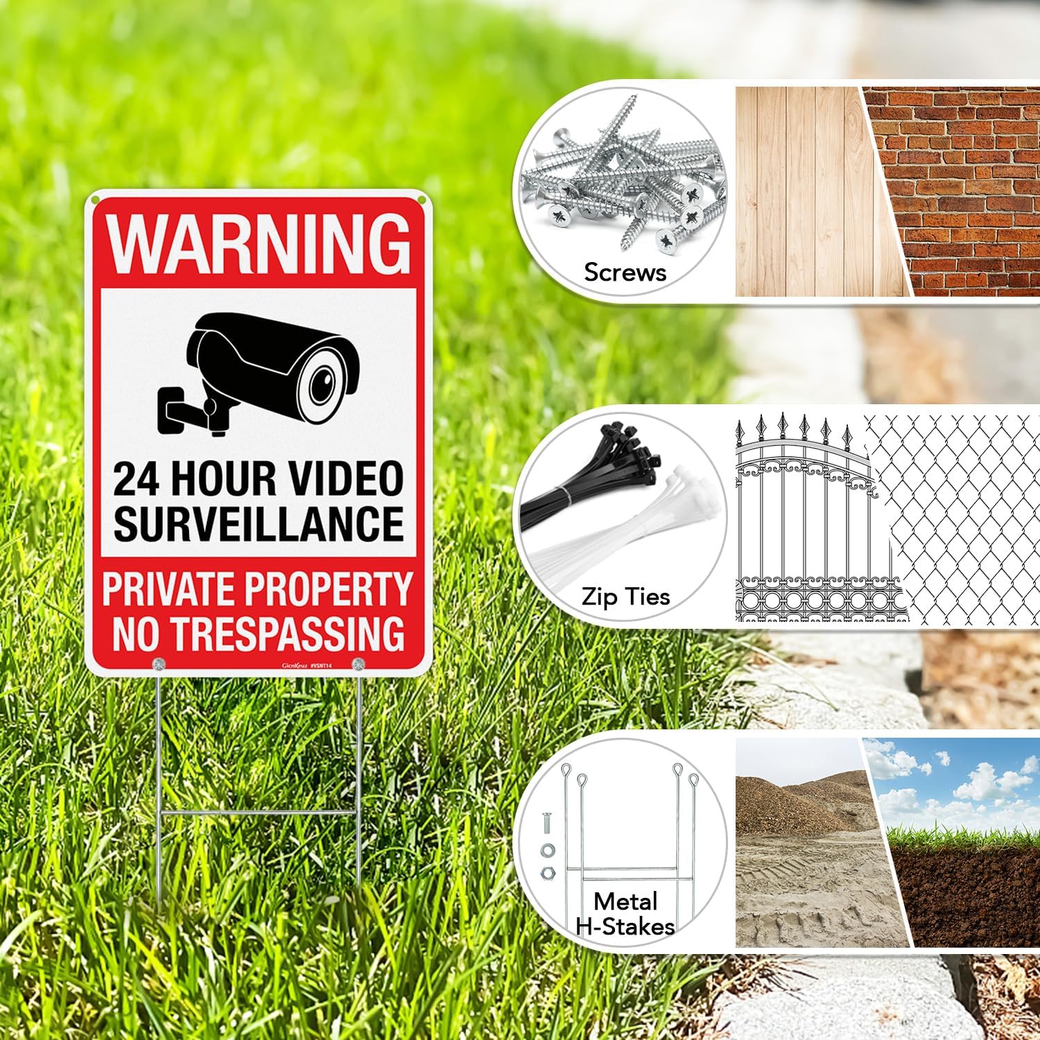 GicnKeuz Large Video Surveillance Signs, 14x10 Inches No Trespassing Signs Private Property with H-stakes, Reflective Aluminum, Fade Resistant/Waterproof, Easy to Install, Outdoor Use (2-Pack)