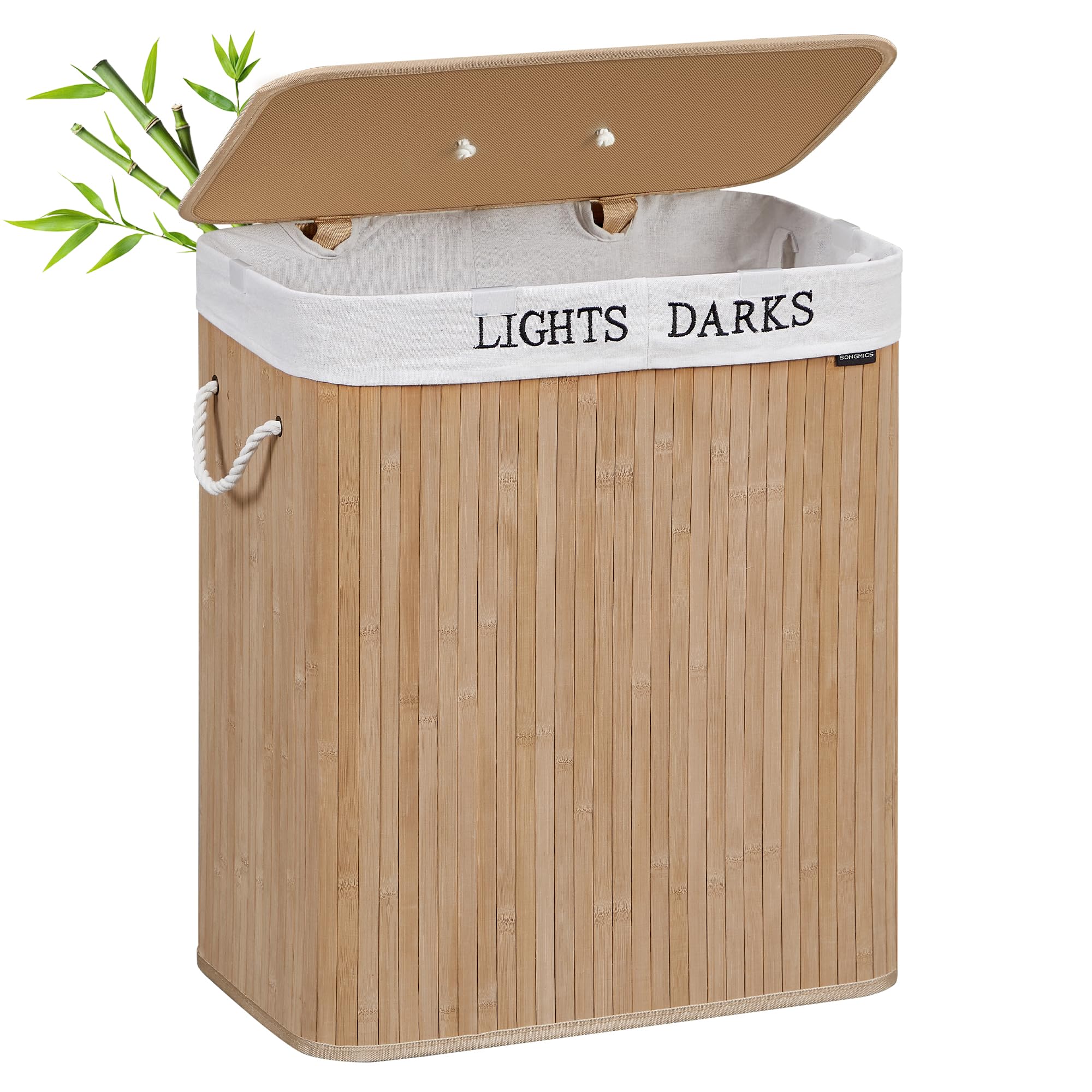 SONGMICS Laundry Basket, 100L, Laundry Hamper with Lid, Bamboo, Foldable, Laundry Bin with 2 Compartments for Light and Dark Clothes, Machine Washable Liner Bag, Natural LCB64Y