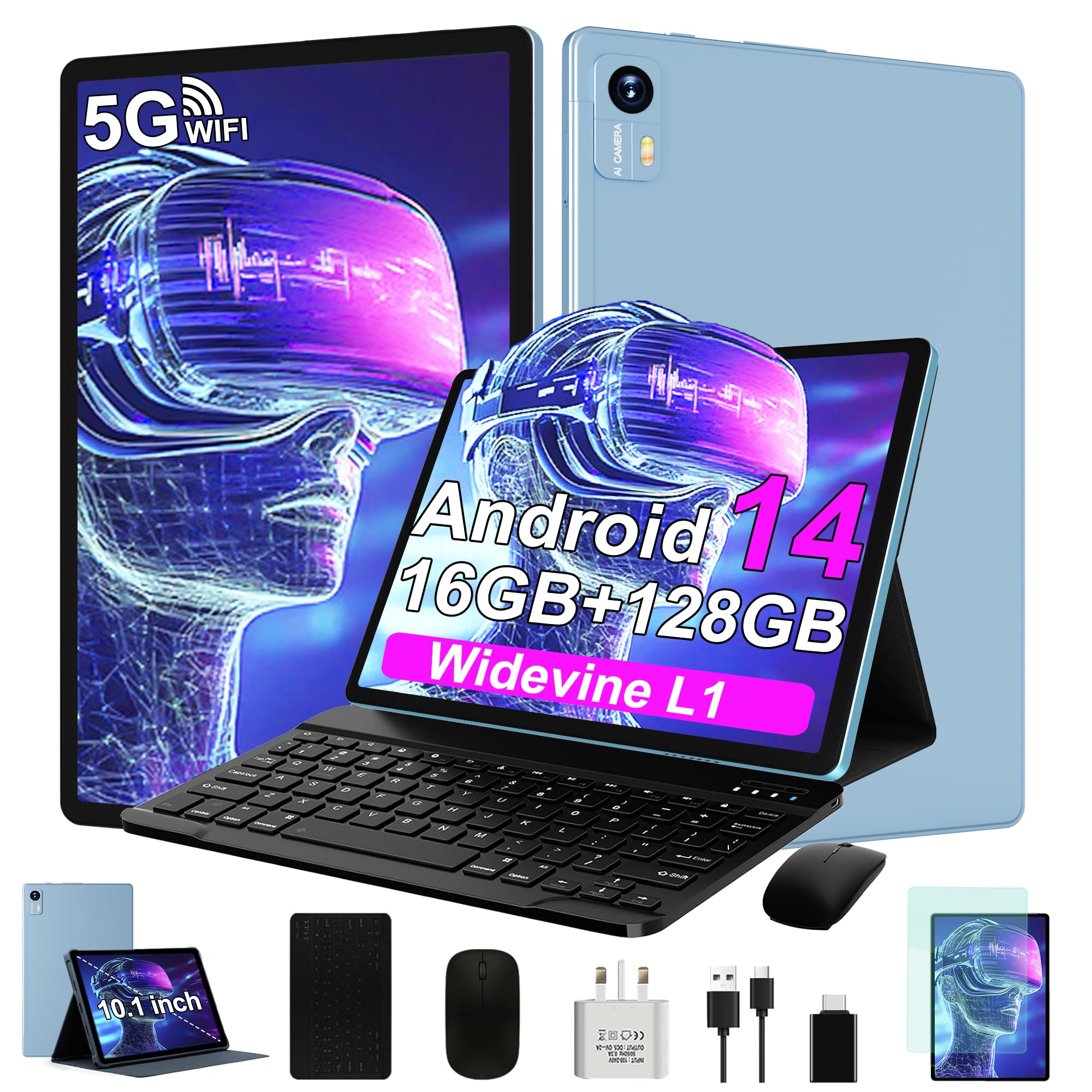 Tablet 2025 Newest 10.1 Inch Android 14 tablet, 16GB RAM+128GB ROM (TF 1TB), Octa Core, 2.4GHz+5G WIFI 6,Widevine L1|8000mAh |Bt 5.0 |GMS |Type-C |13+8MP|Tablet with Keyboard & Mouse - blue