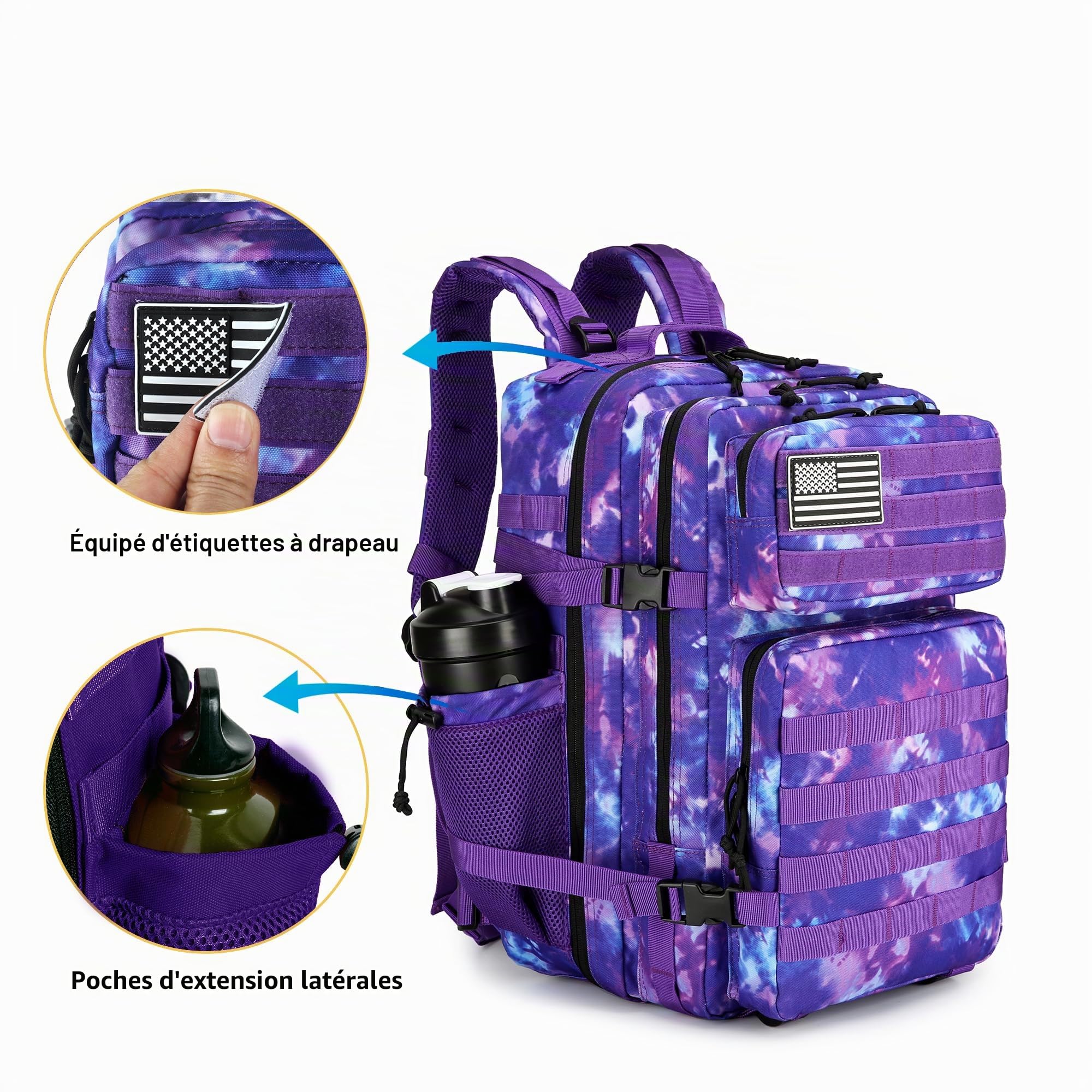Lovelinks21 Sac à dos tactique d'assaut de 45 l avec sac à dos imperméable Molle pour sacs à dos tactiques, violet/camouflage, Large, Sac à dos