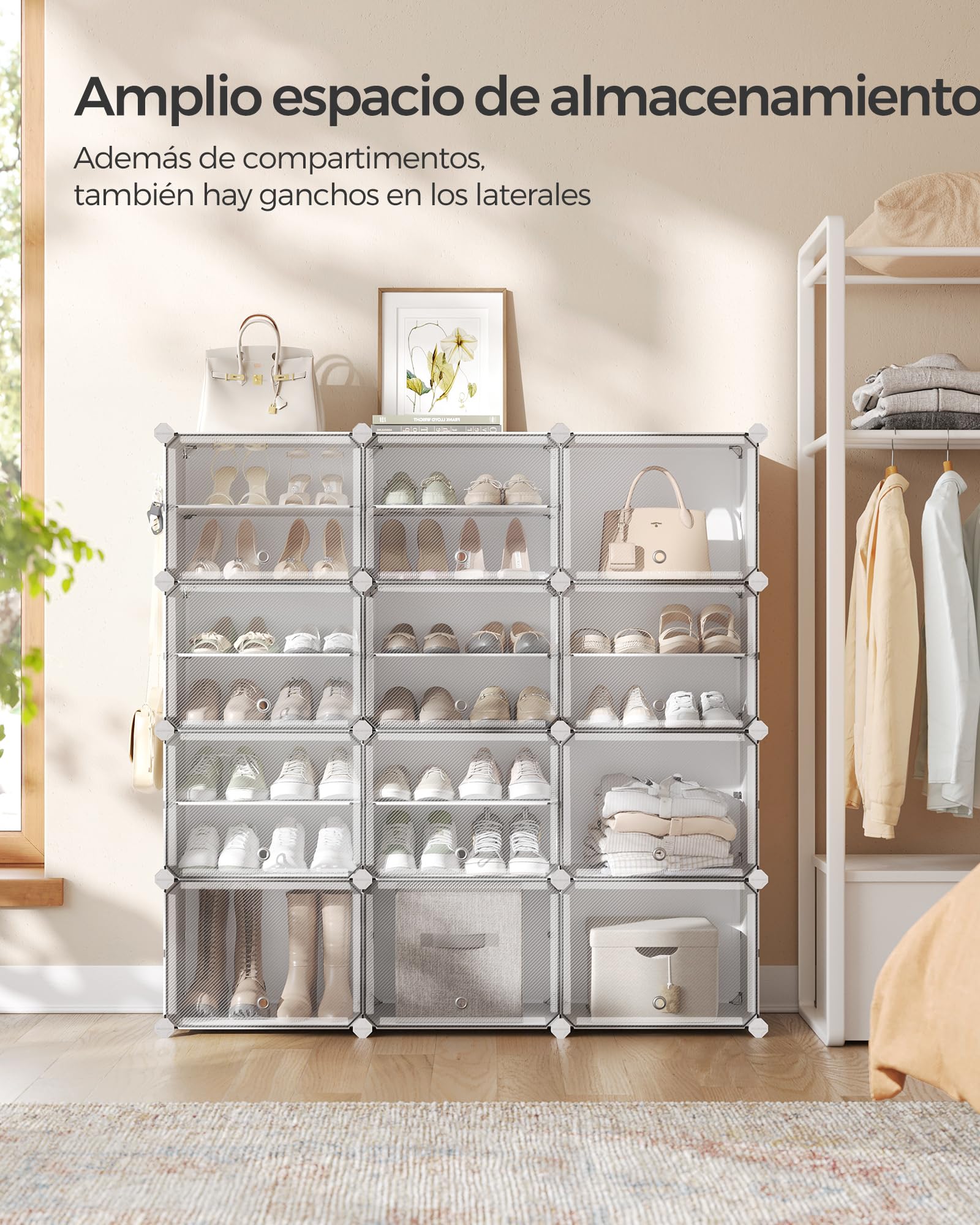SONGMICS Mueble Zapatero Plástico, 12 Compartimentos para 48 Pares de Zapatos, con Puertas, Estructura de Acero y Estantes de Plástico, Armario para Dormitorio, Blanco Nube y Transparente LPC040W01