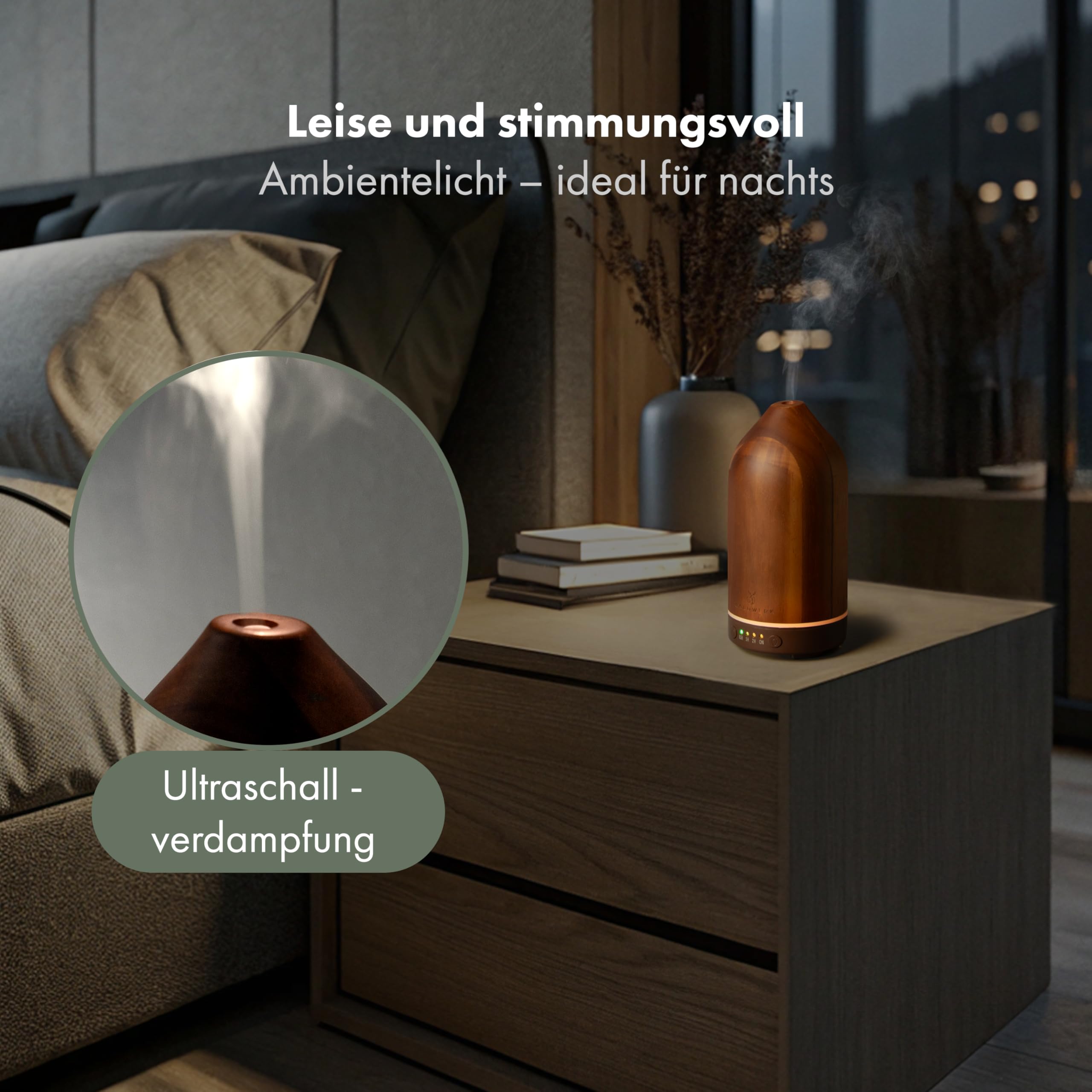 WALDWERK Diffuser (100ml) aus edlem Akazienholz - Aroma Diffuser für ein angenehmes Raumklima - Diffuser für Ätherische Öle - Duftöl Diffuser - Duftlampe für Aromatherapie - Luftbefeuchter