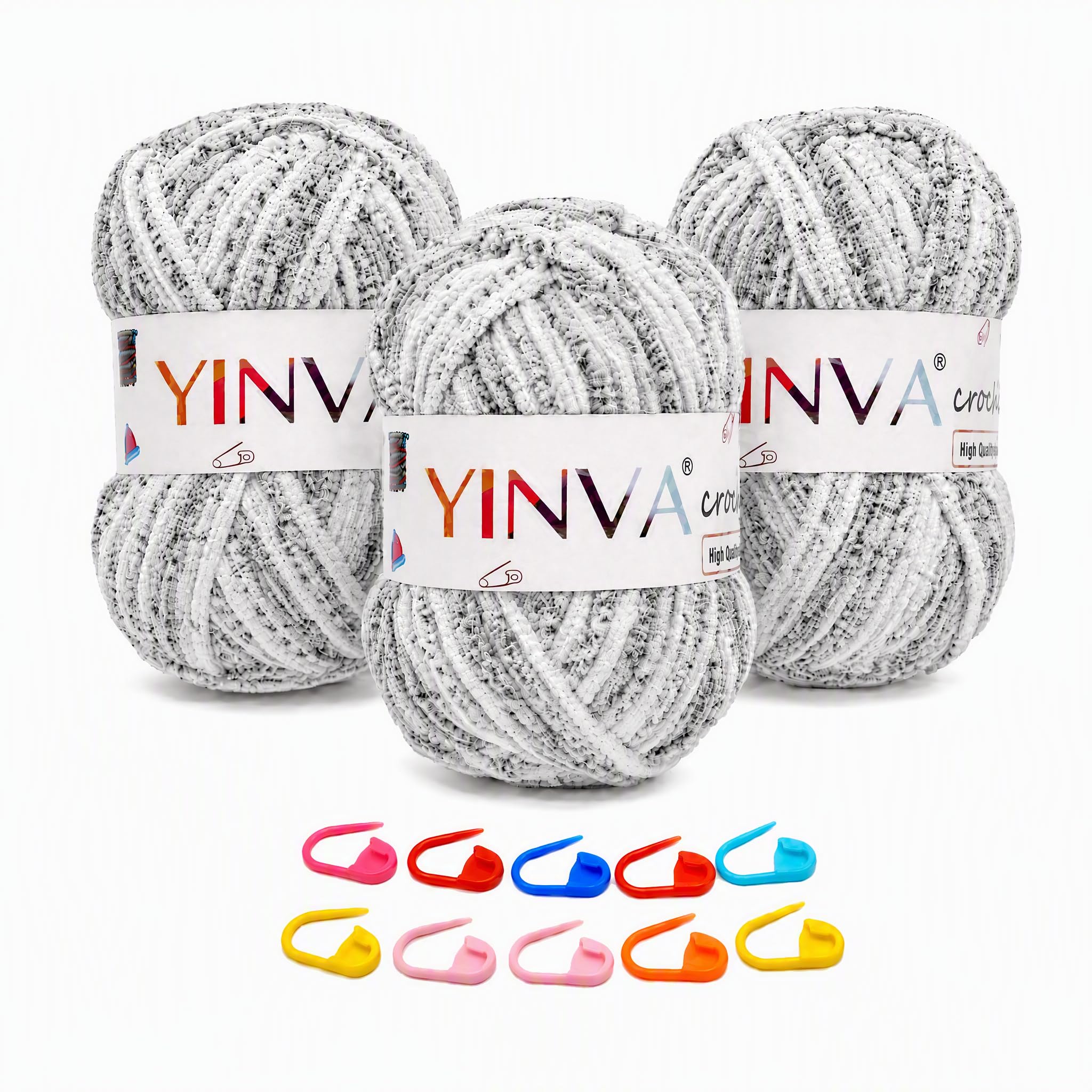 YINVA Chenille Yarn Chunky 300g Chunky Yarn Wool for Hand Knitting & Crochet Crafters, No Shed Crochet Yarn for Relaxing with 10pcs Stitch Markers for Amigurumi, Clothes, Blankets, DIY (Mixed Gray)