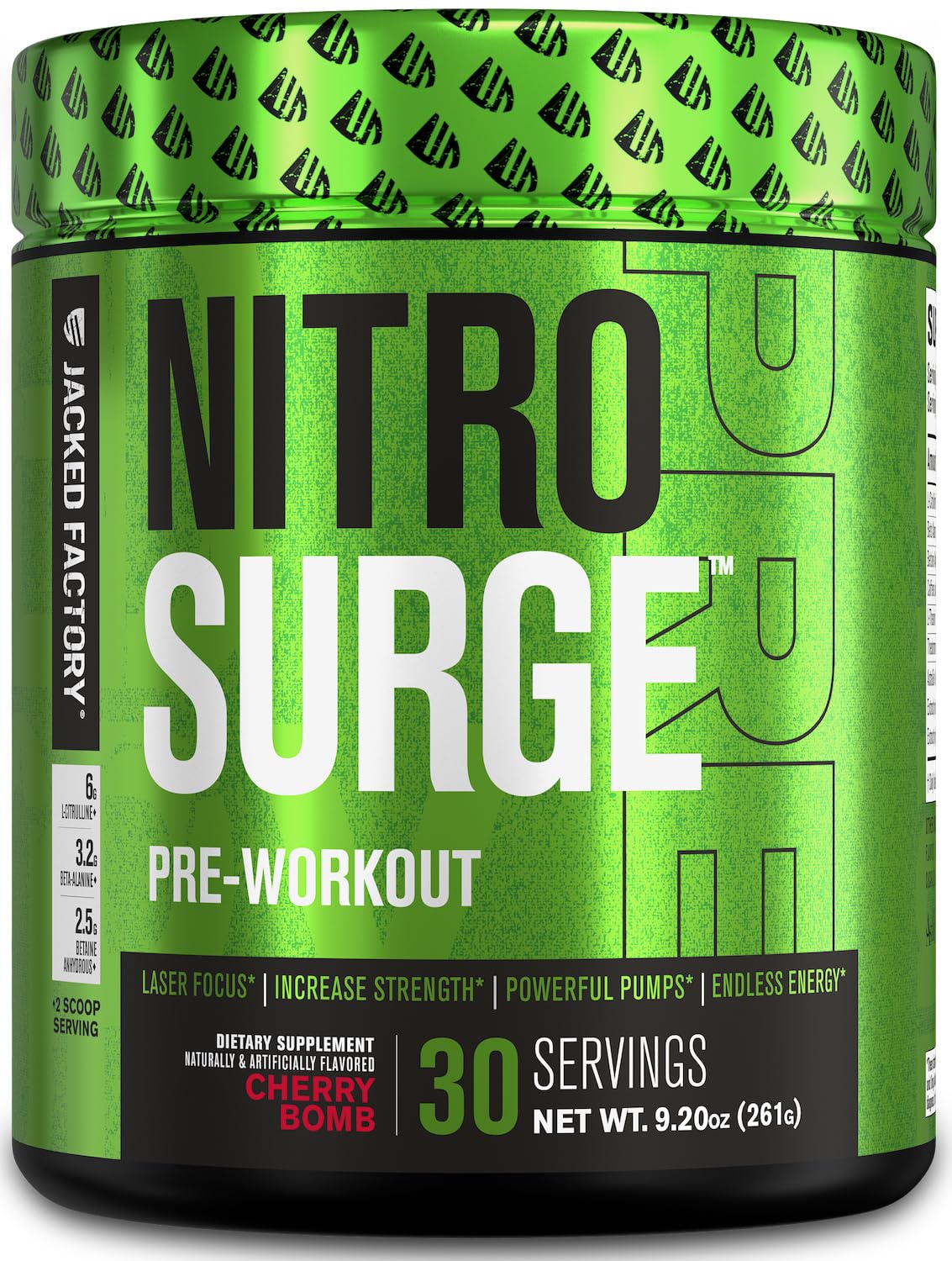 Jacked Factory NITROSURGE Pre Workout Supplement - Endless Energy, Instant Strength Gains, Intense Pumps Nitric Oxide Booster & Preworkout Powder with Beta Alanine 30 Servings, Cherry Bomb