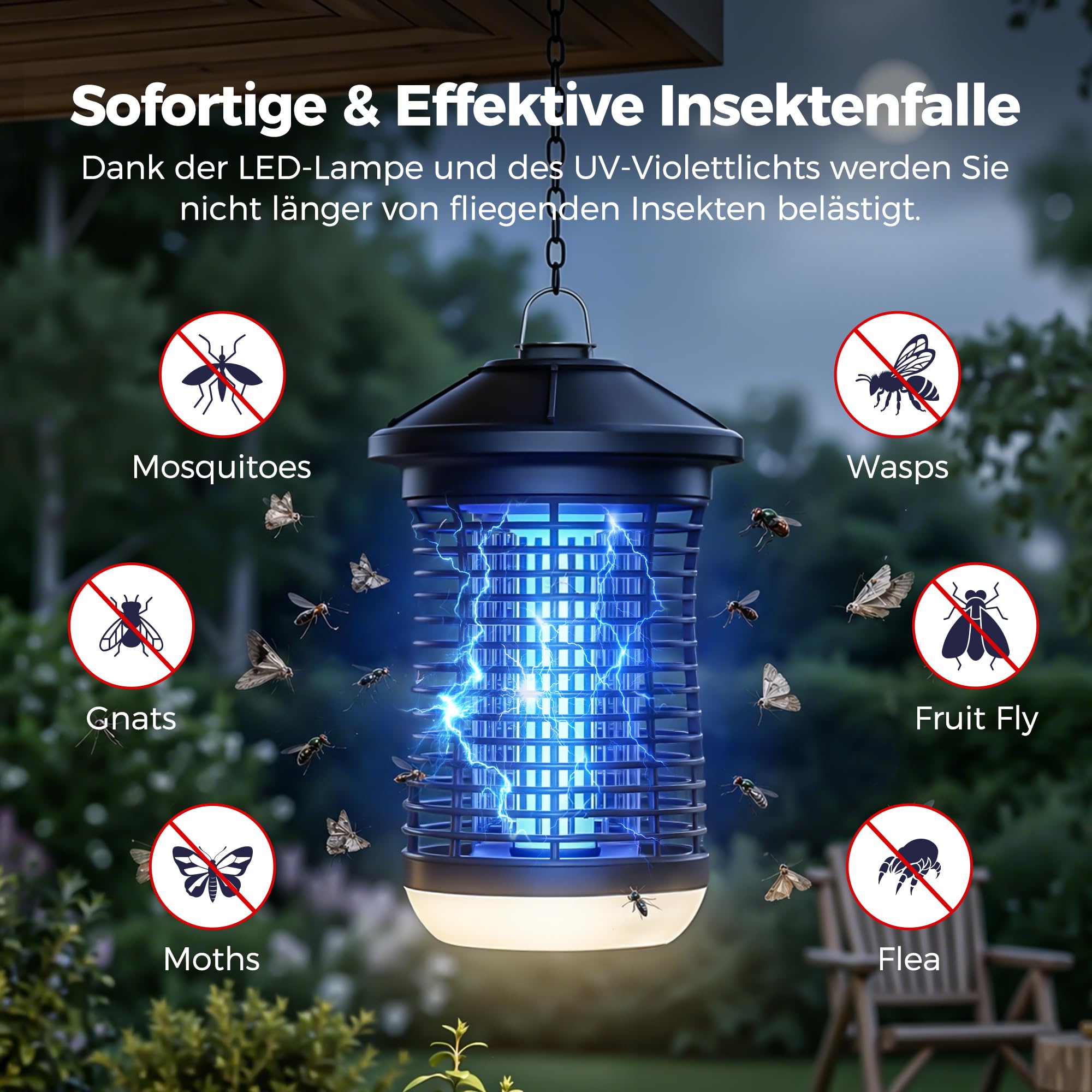 Mowend Elektryczna pułapka na owady, 4200 V, 18 W, lampa na komary UV, do użytku wewnątrz i na zewnątrz, kabel 1,5 m, pułapka na muchy owocówki, elektryczna