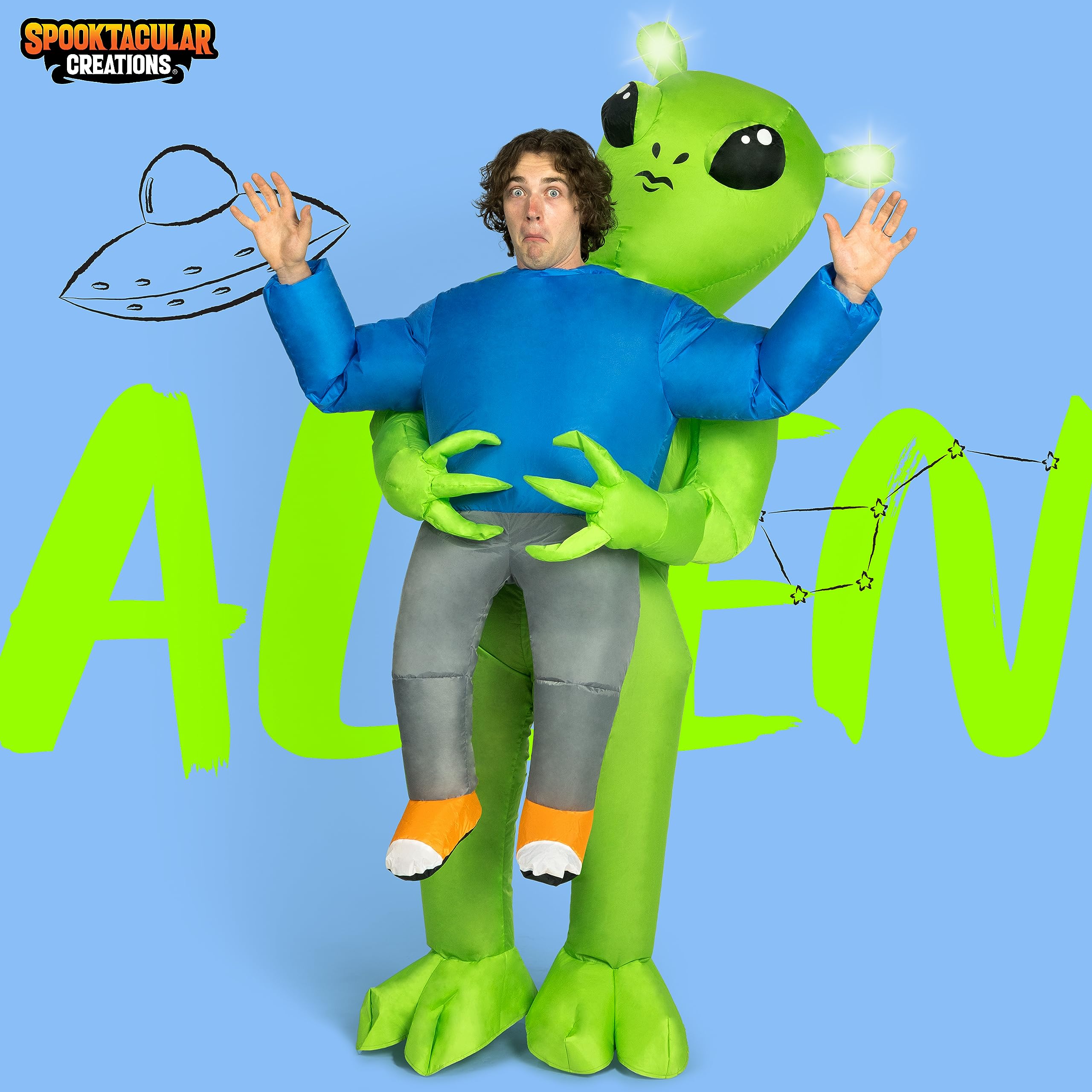 Spooktacular Creations Alien Inflatable Costume for Adults, Full Body Light-up Alien Air Blow-up Deluxe Halloween Costume, Funny Kidnapping Inflatable Suit for Halloween Dressed UP Parties