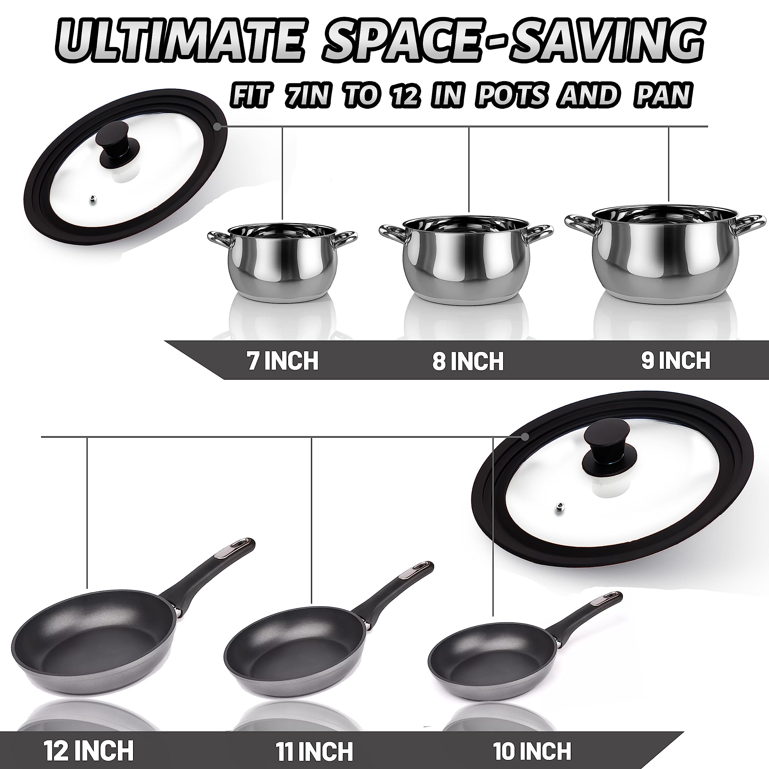 Lerykin Juego de 2 tapas de vidrio templado, tapas universales con borde de silicona resistente al calor para ollas, sartenes y sartenes, tapas de repuesto para utensilios de cocina de 7, 8, 9 y 10