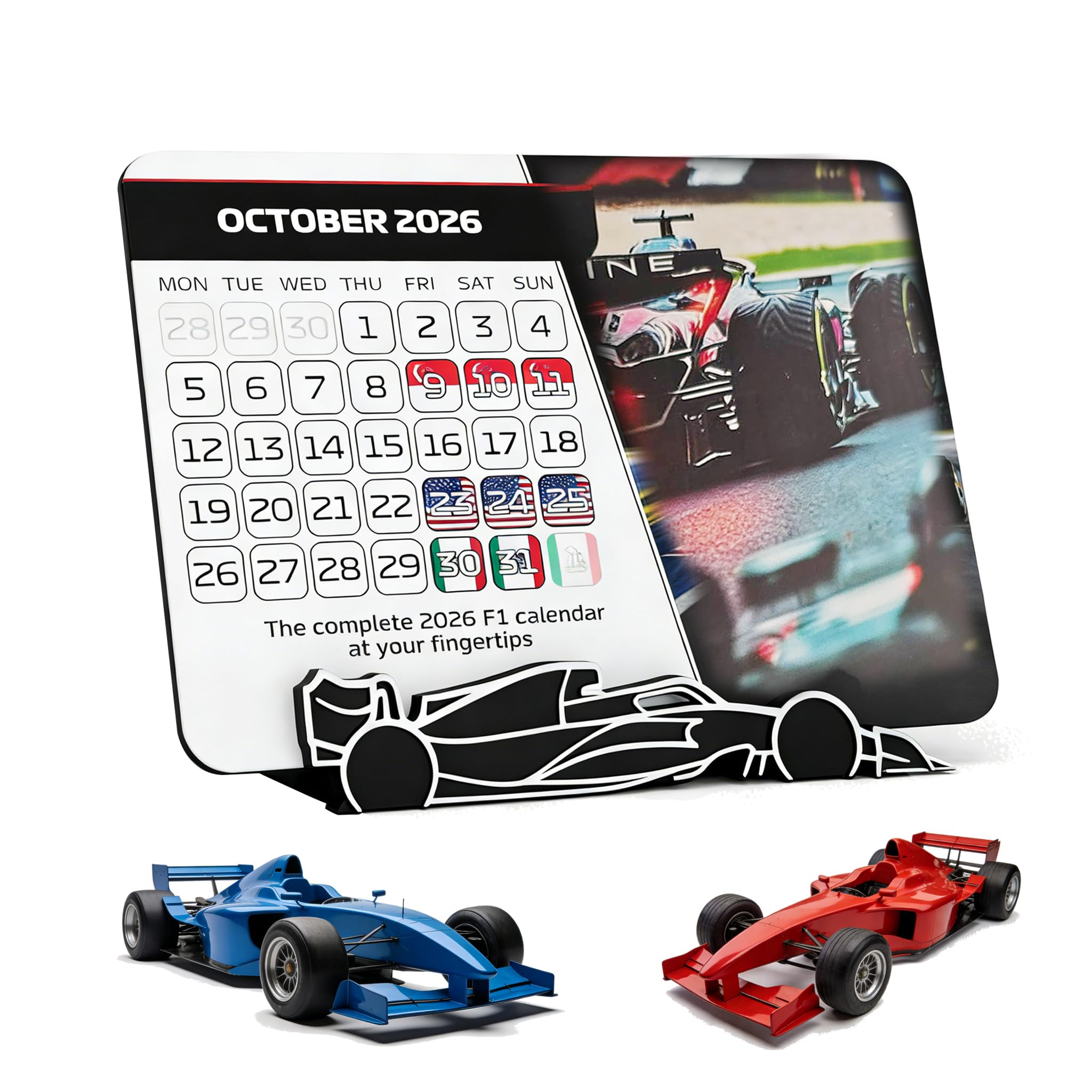 Calendrier de course F1 2026 - 18 x 14 cm - Grand calendrier de course pour le bureau avec calendrier complet - Calendrier de course 2026 avec support - Planificateur de course pour les fans de sport