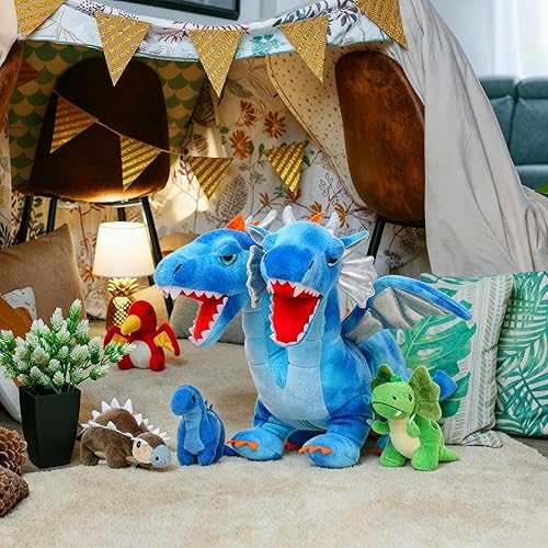 Vista 6 de Tezituor Animal de peluche de dragón de doble cabeza con alas, juego de 5 juguetes de peluche de dinosaurio, mamá dragón con 4 dinosaurios bebés